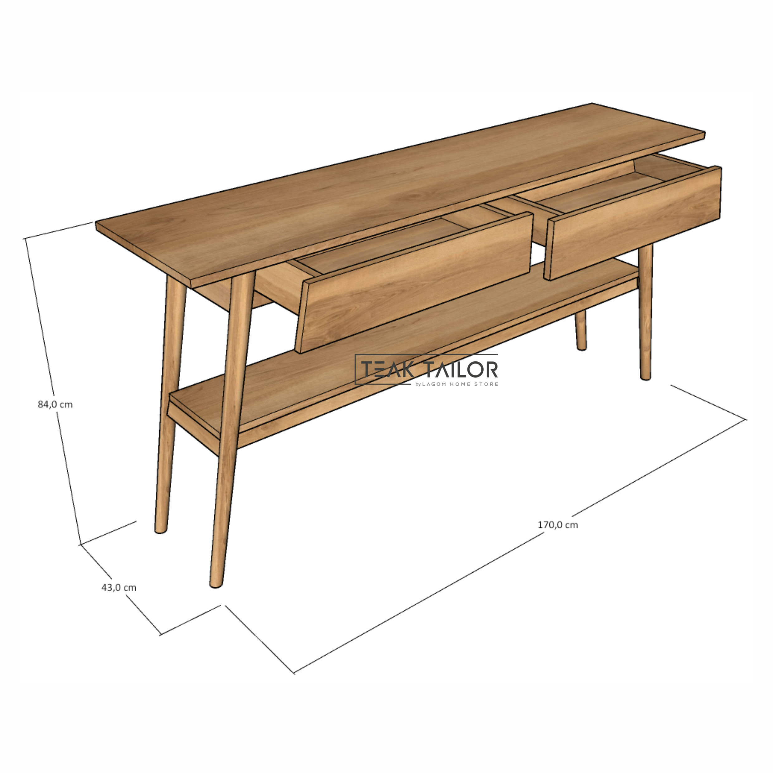 170 cm Solid Teak Console Table with Drawers and Shelf