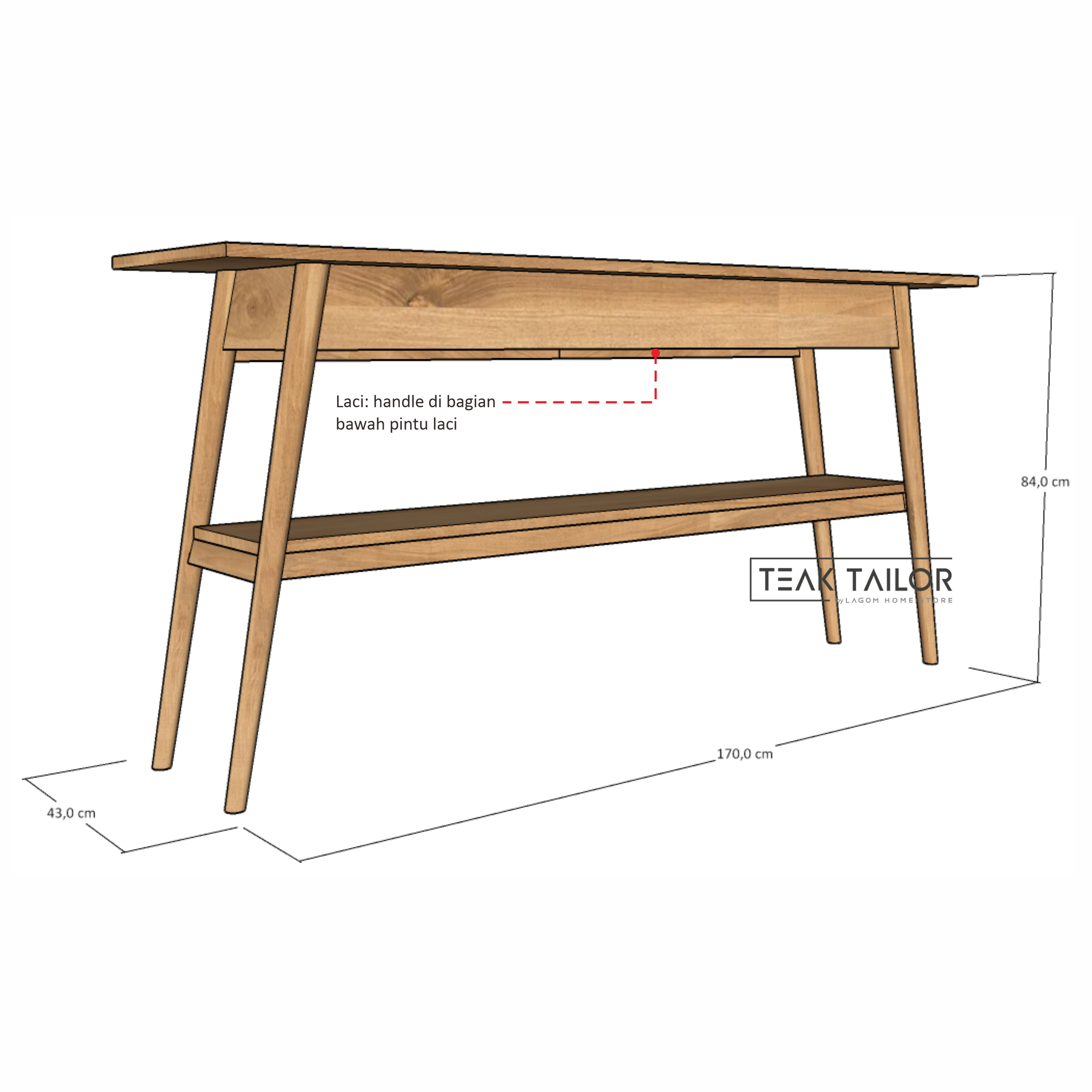 170 cm Solid Teak Console Table with Drawers and Shelf