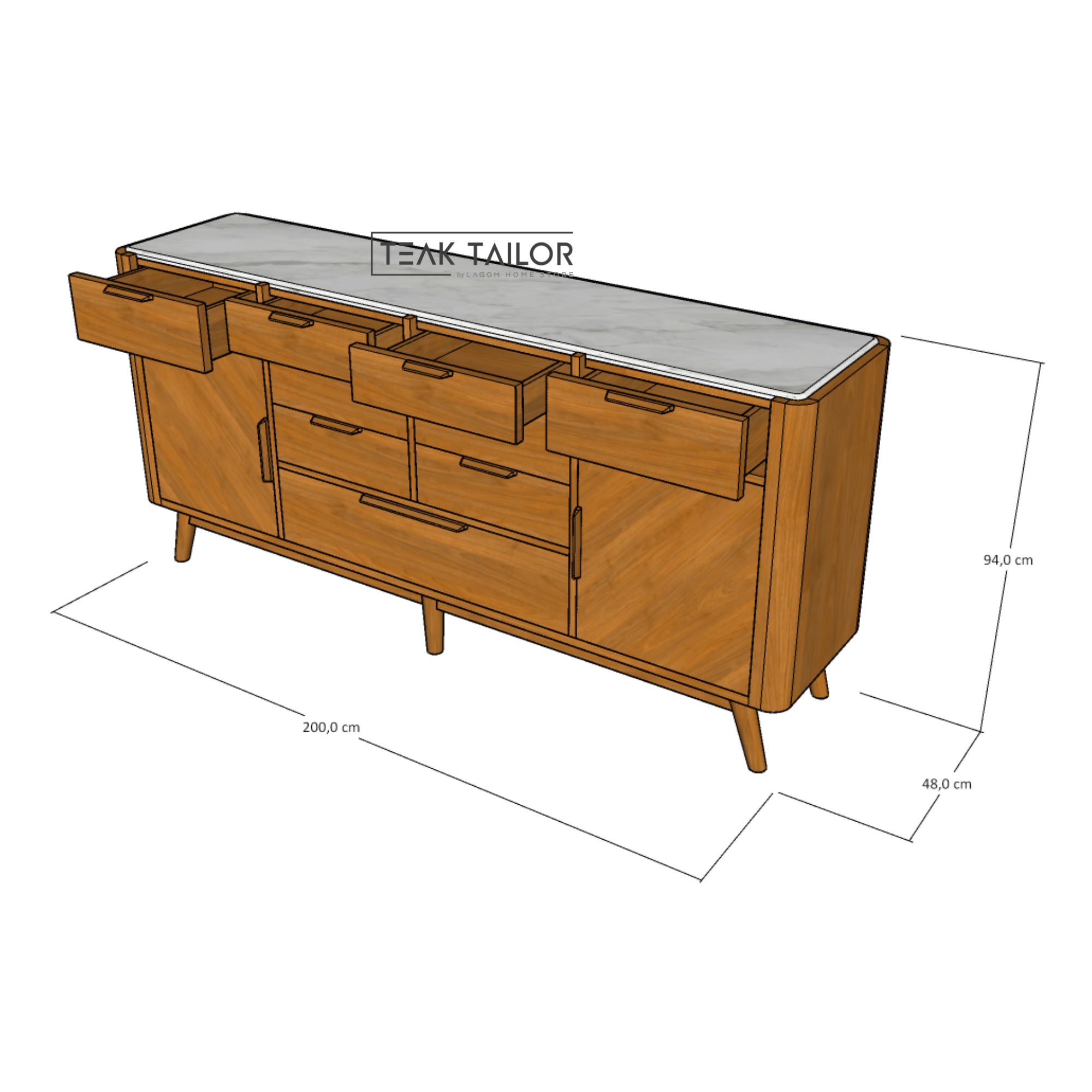 200 cm Solid Teak & Marble Buffet