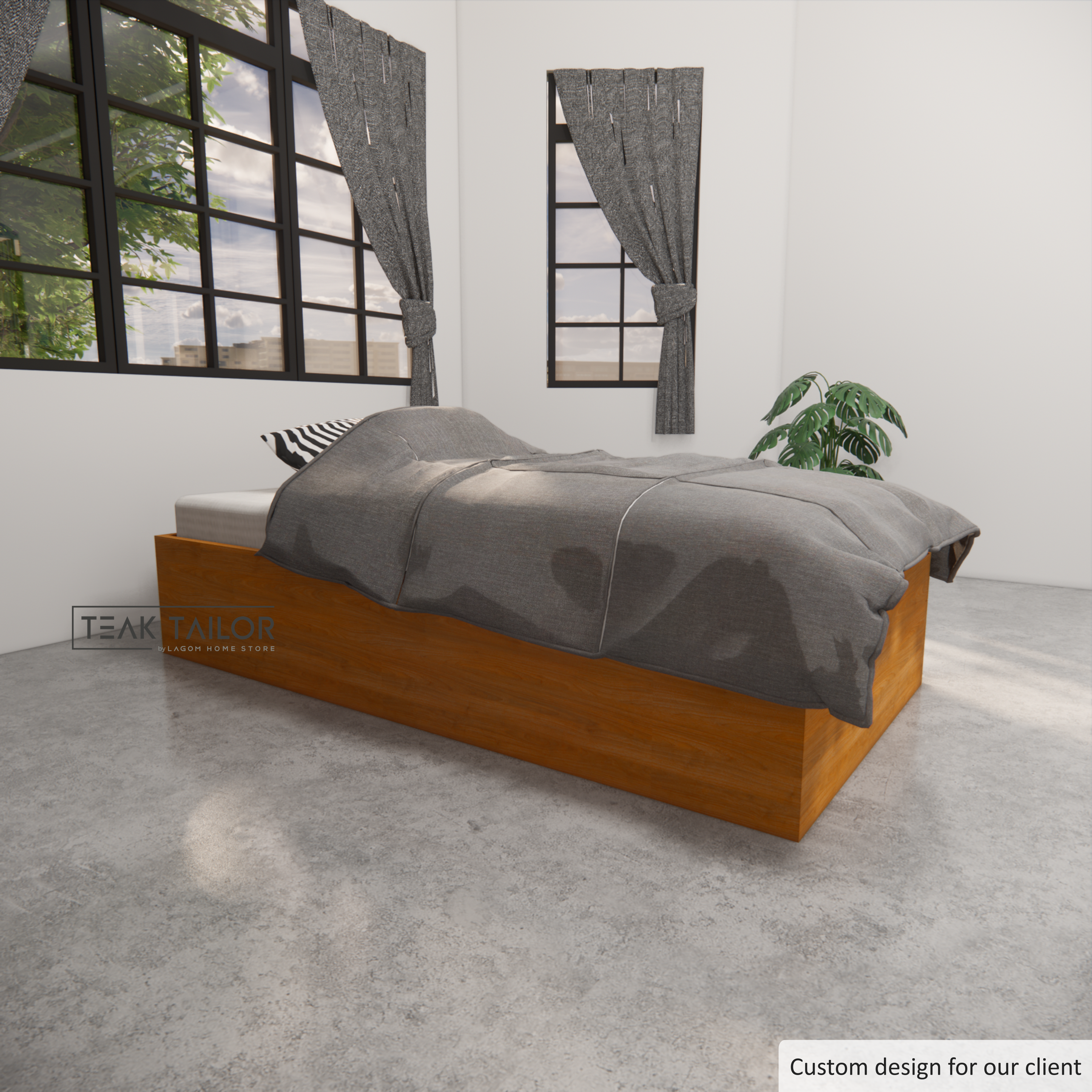 Teak Wood Single Bed Frame with Drawers