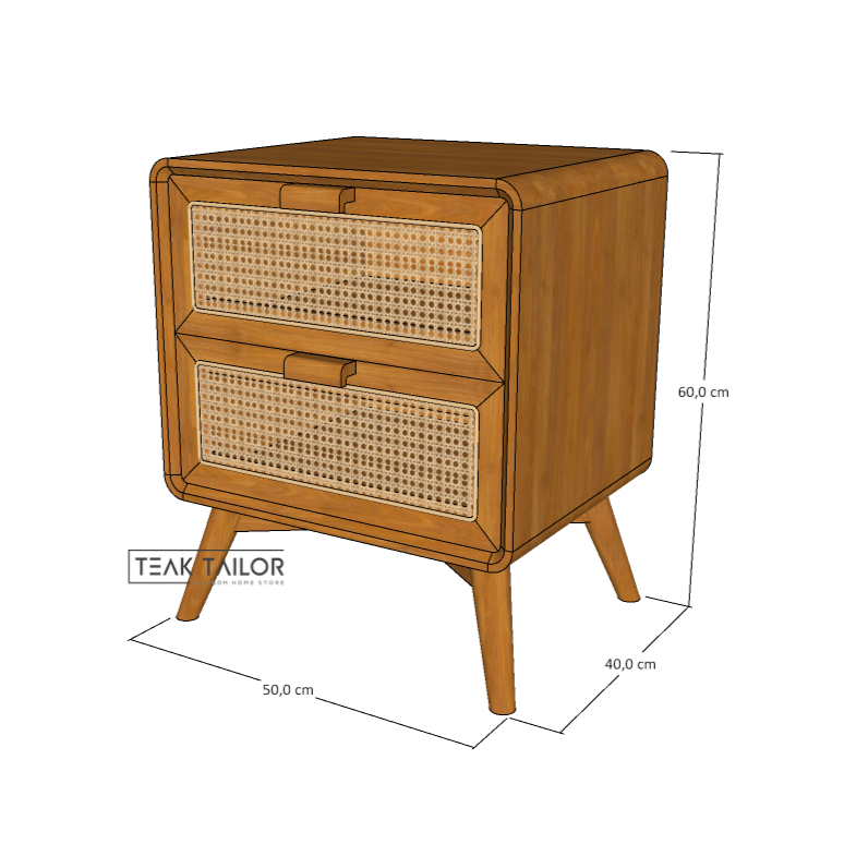 Teak Wood & Rattan Side Table with Dual Storage