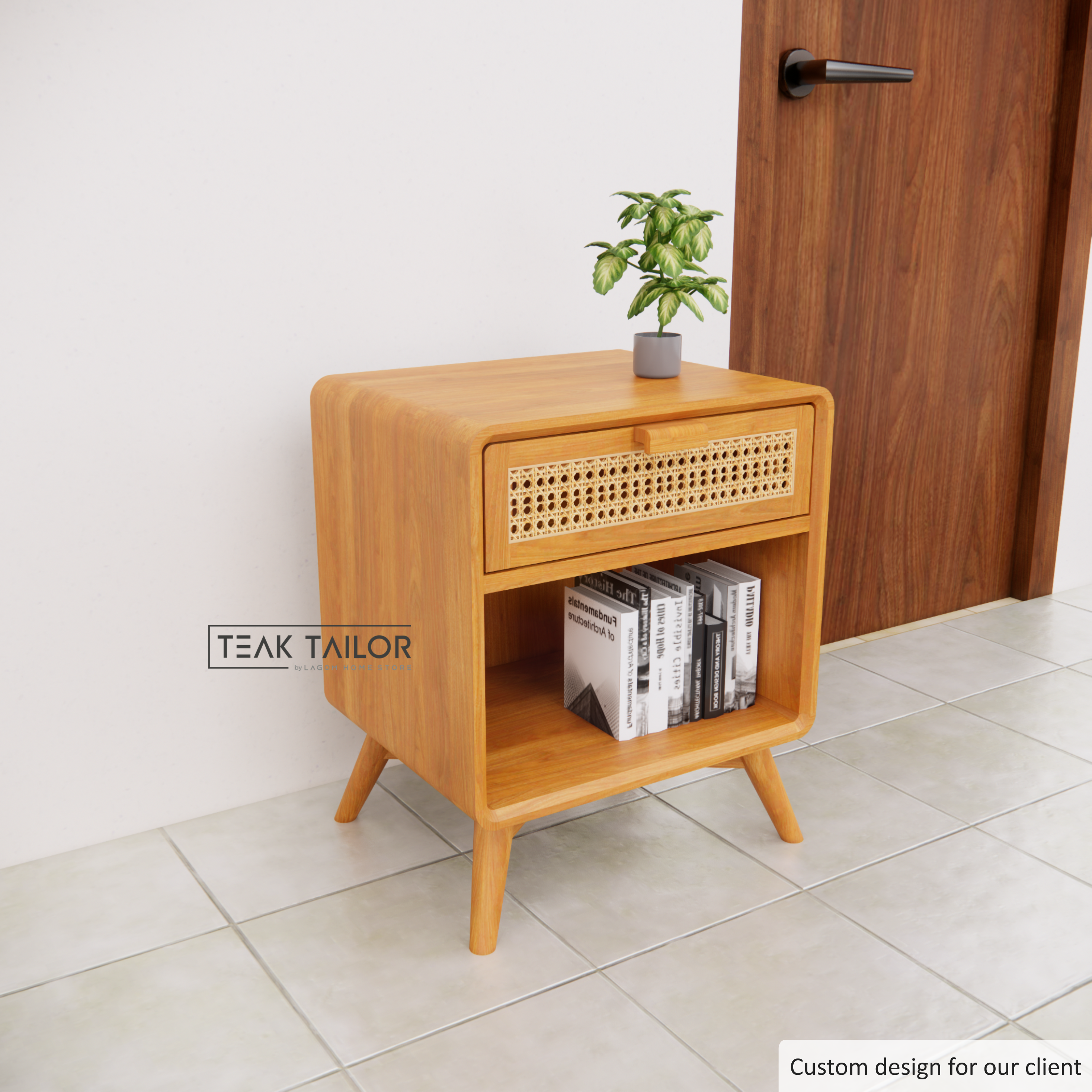 Teak & Rattan Side Table with Drawer & Open Storage