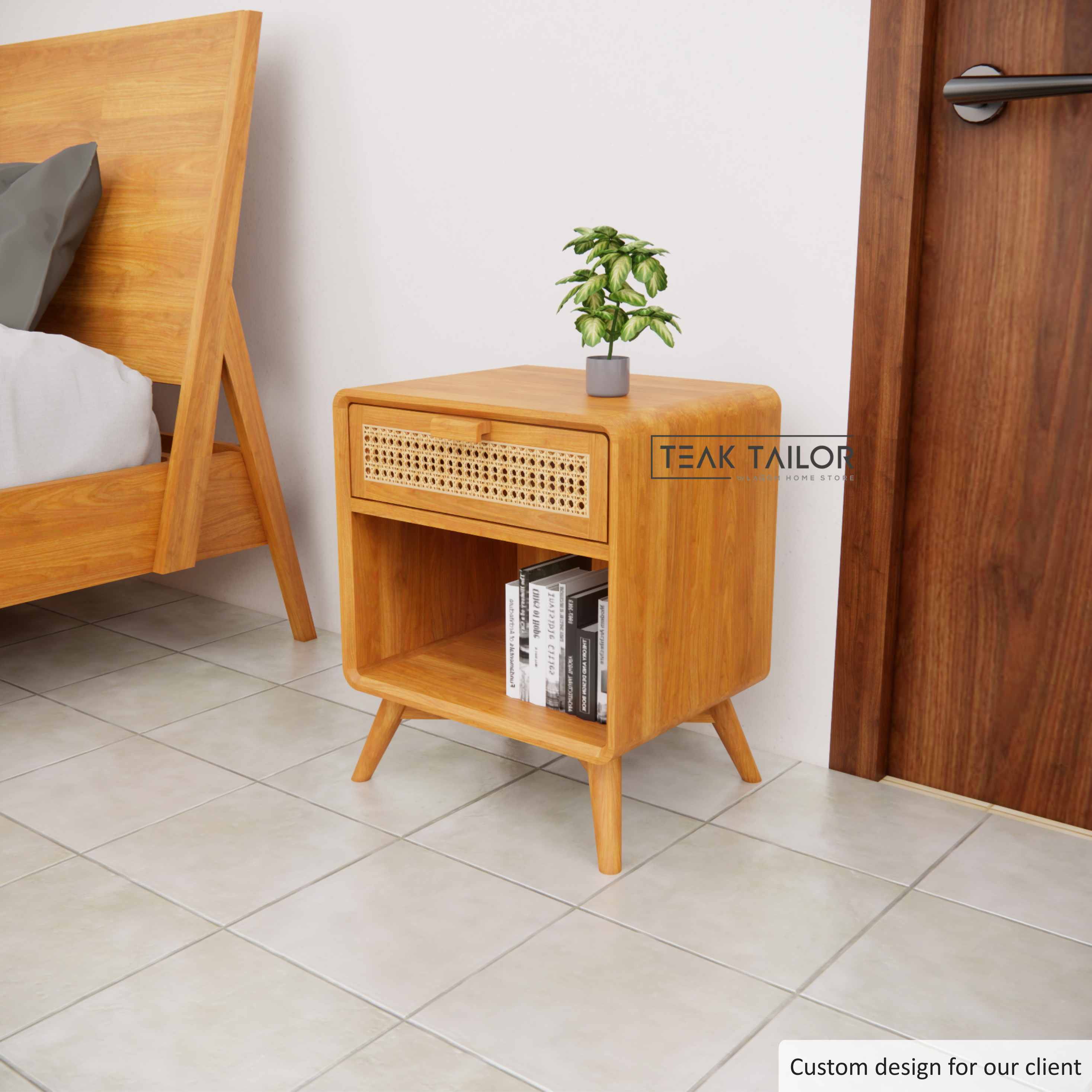 Teak & Rattan Side Table with Drawer & Open Storage