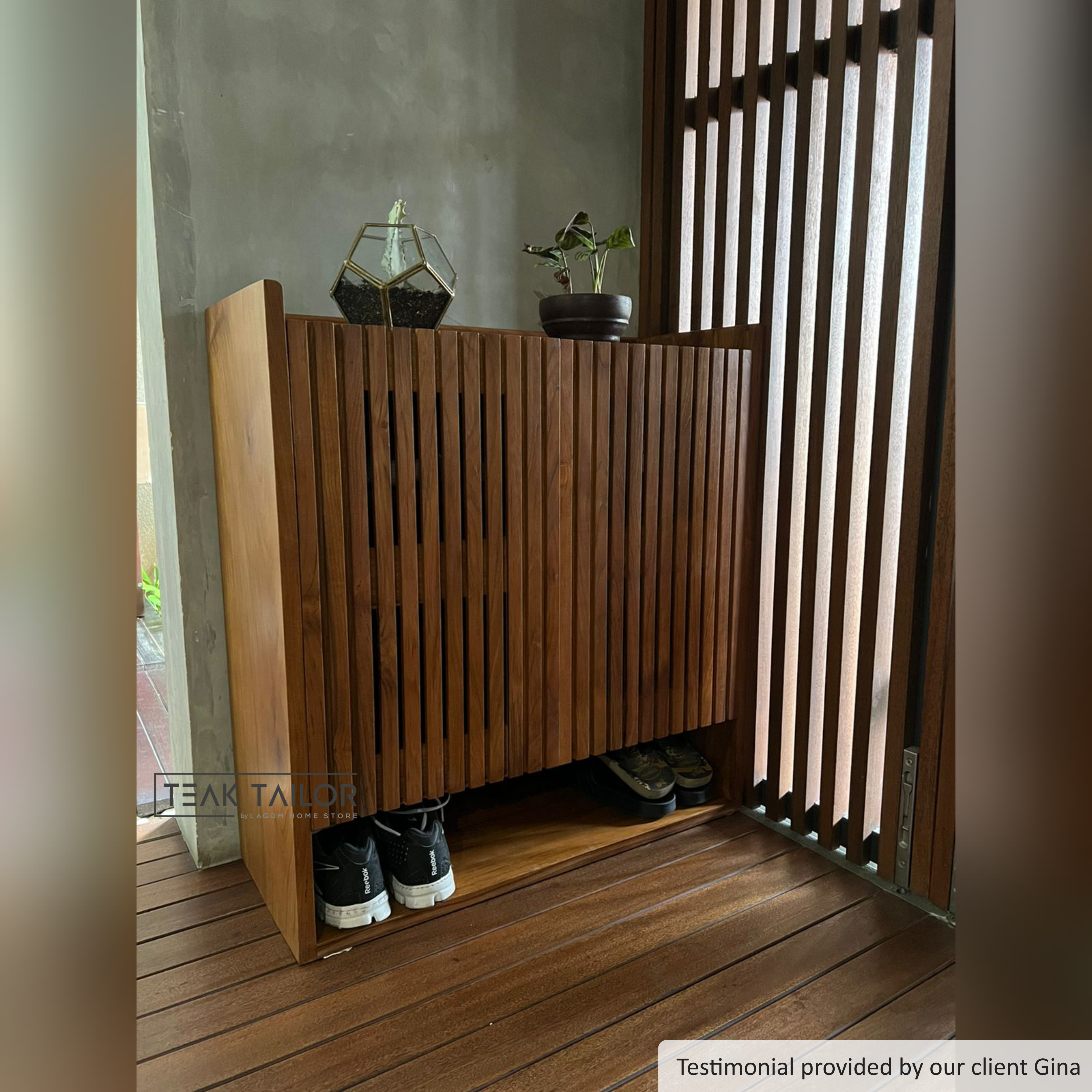 Teak Wood Shoe Cabinet with Slatted Doors