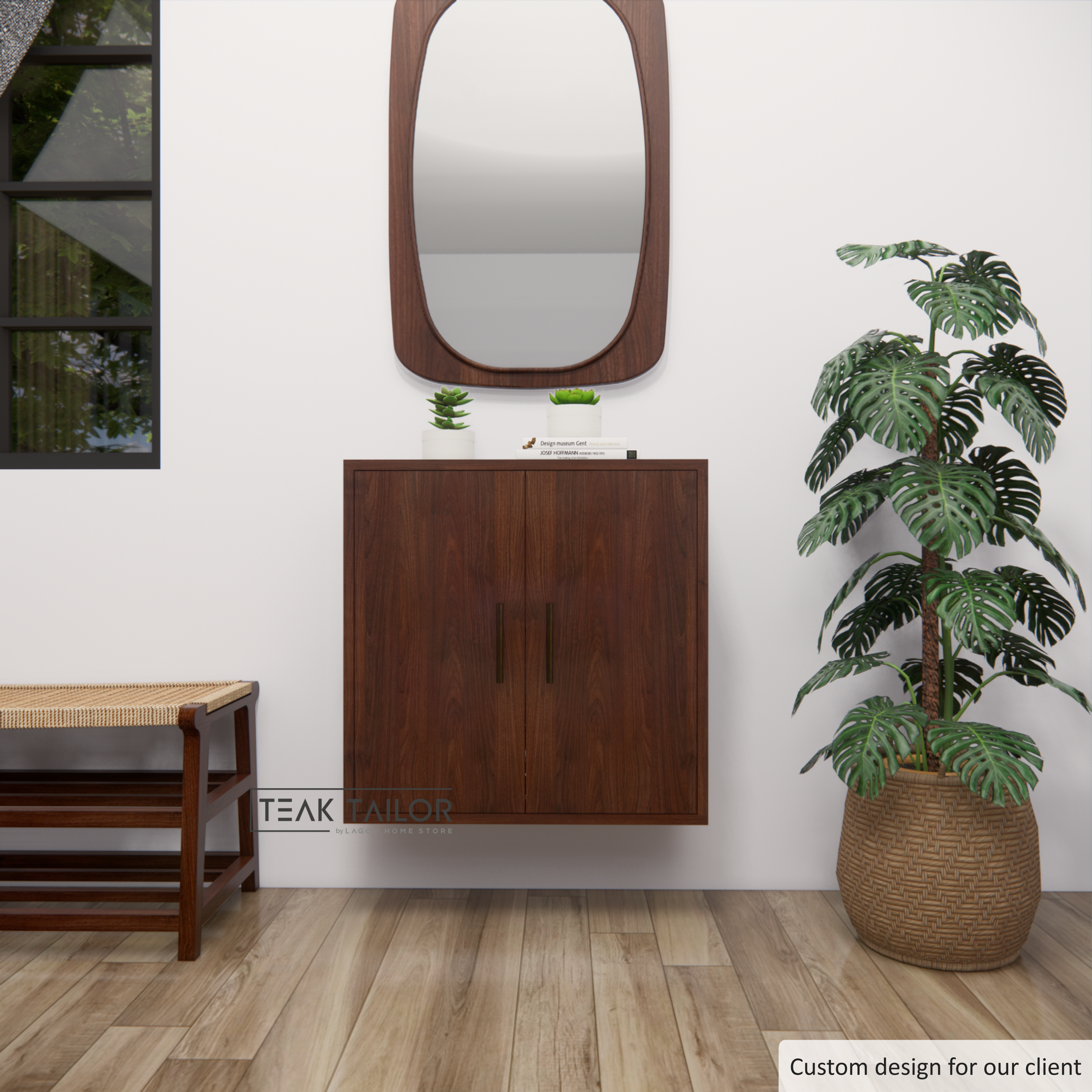 Wall-Mounted Teak Wood Cabinet with 2 Doors