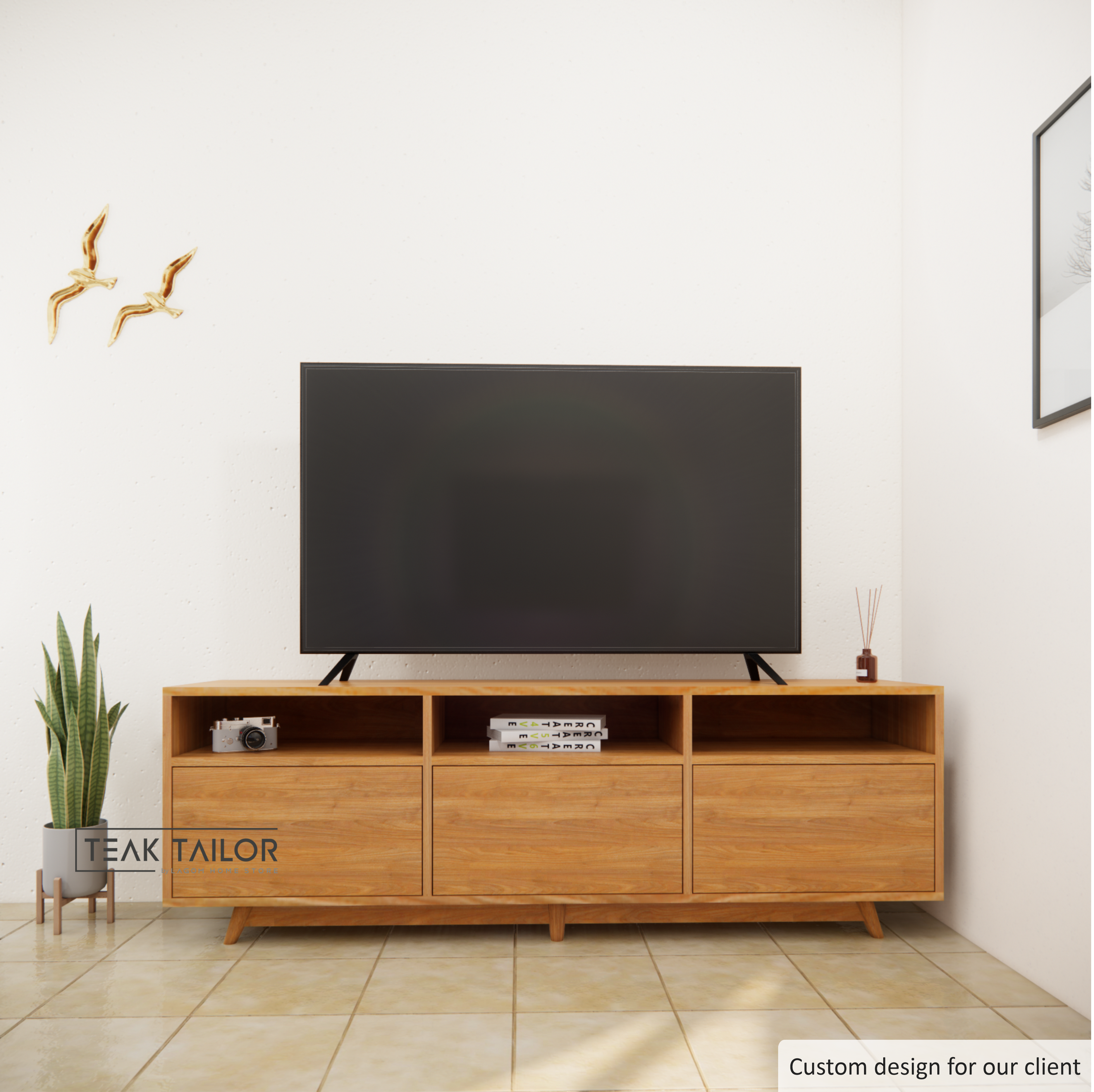Solid Teak Wood TV Cabinet with Push-to-Open Doors