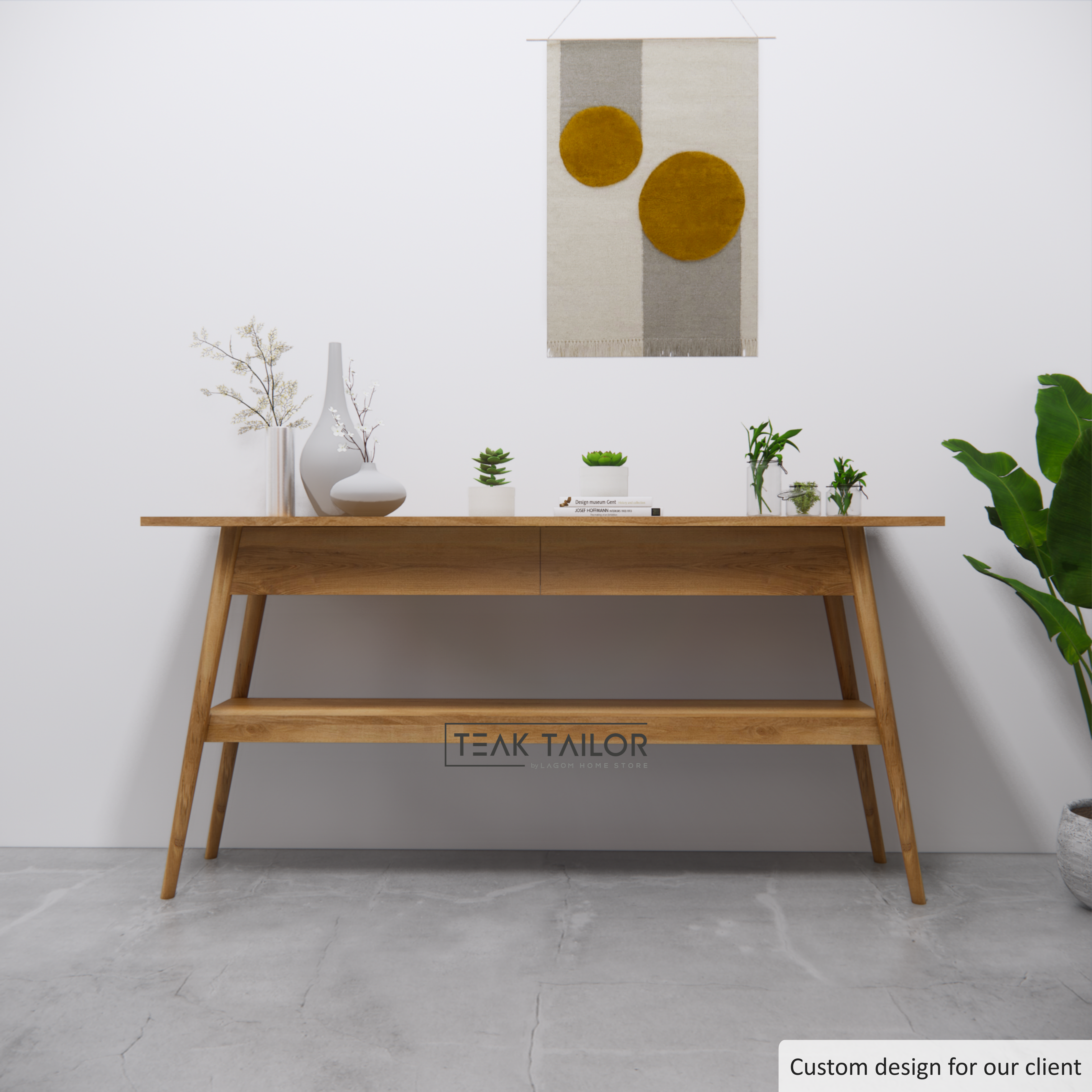 170 cm Solid Teak Console Table with Drawers and Shelf