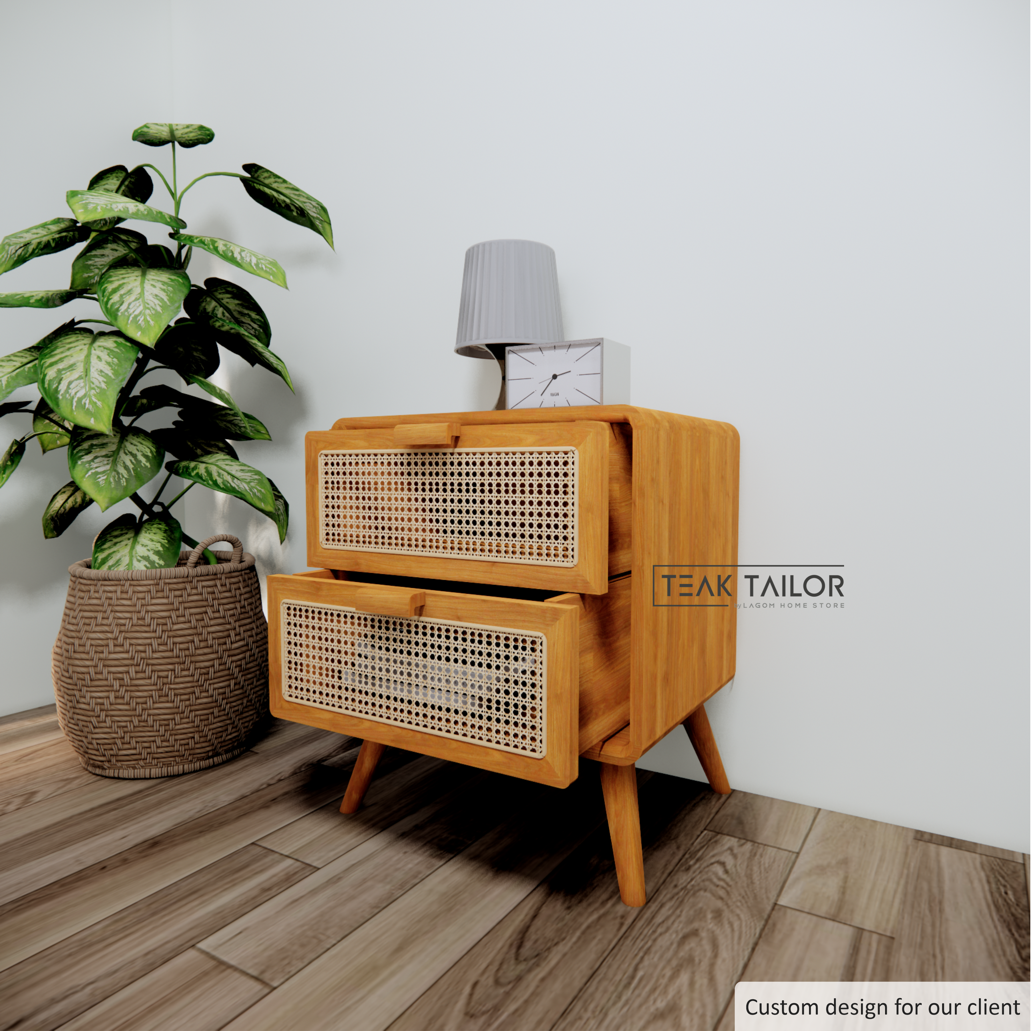 Teak Wood & Rattan Side Table with Dual Storage