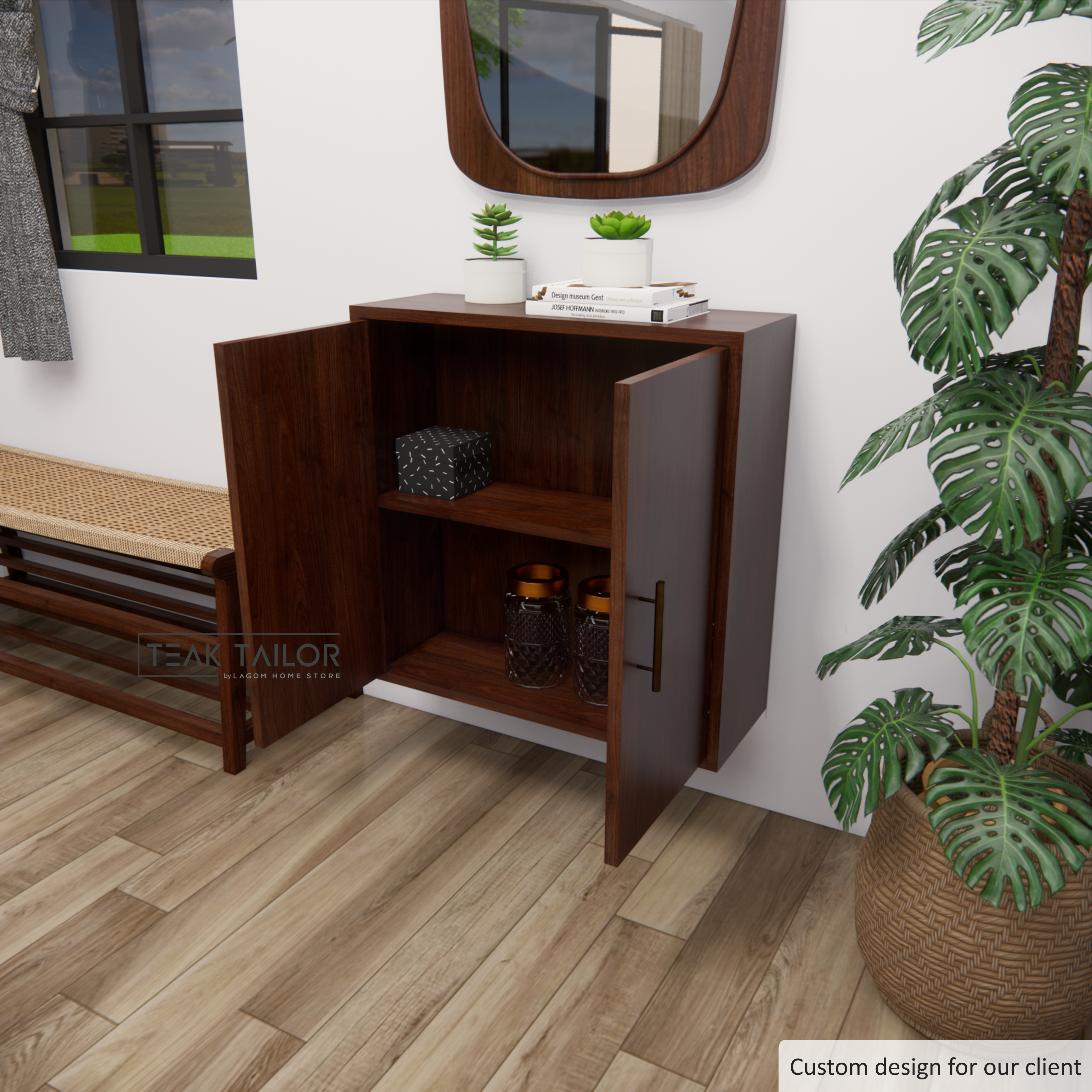 Wall-Mounted Teak Wood Cabinet with 2 Doors