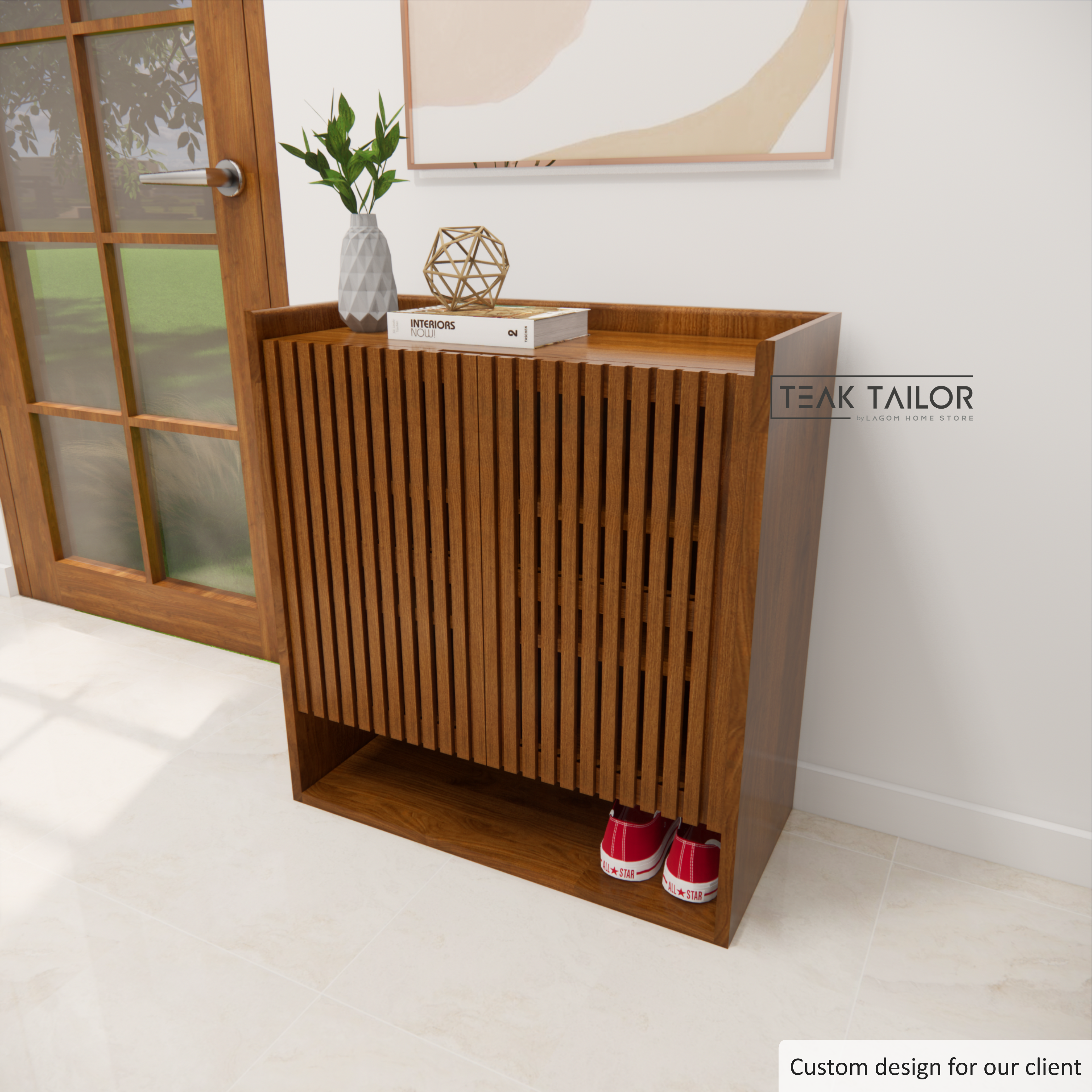 Teak Wood Shoe Cabinet with Slatted Doors