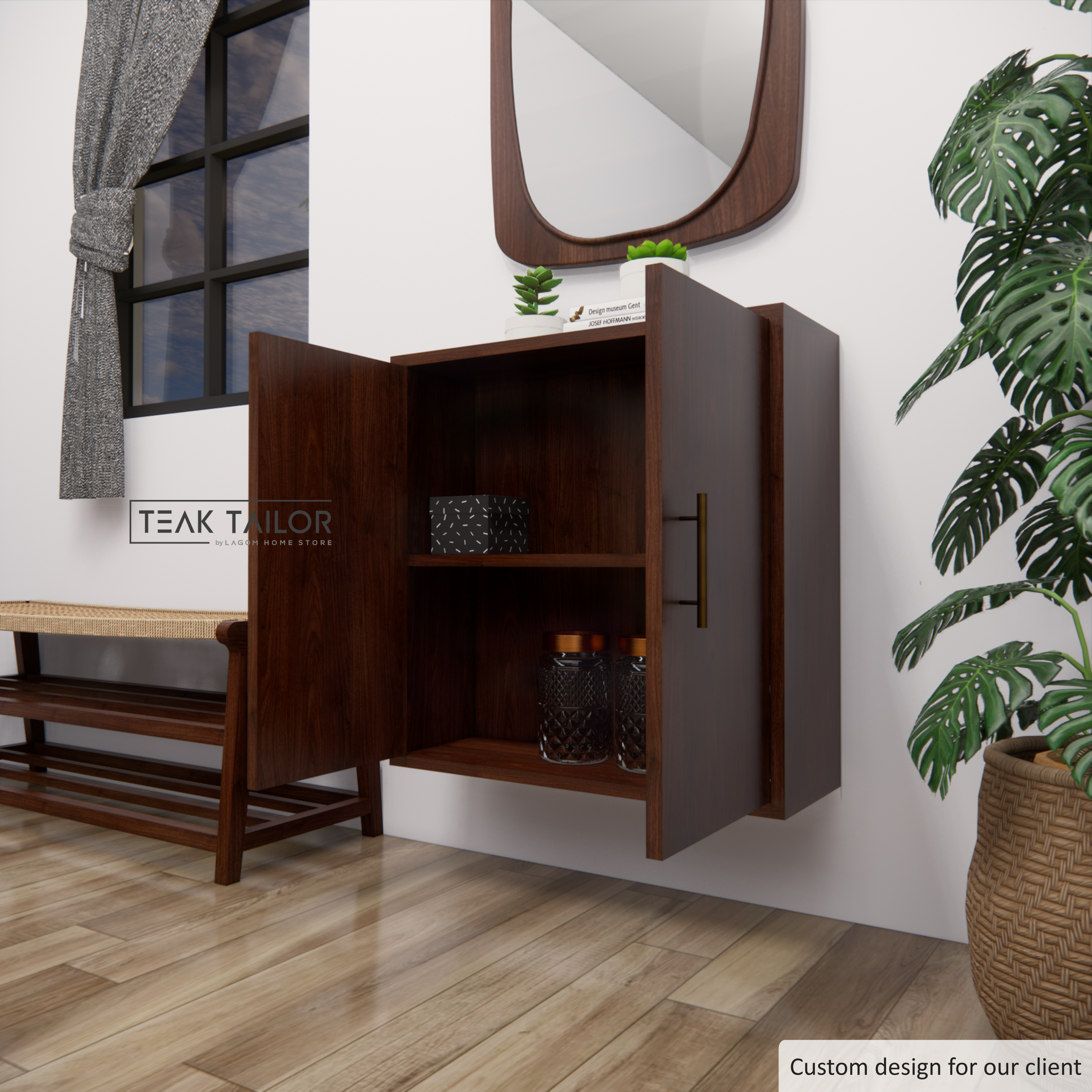 Wall-Mounted Teak Wood Cabinet with 2 Doors