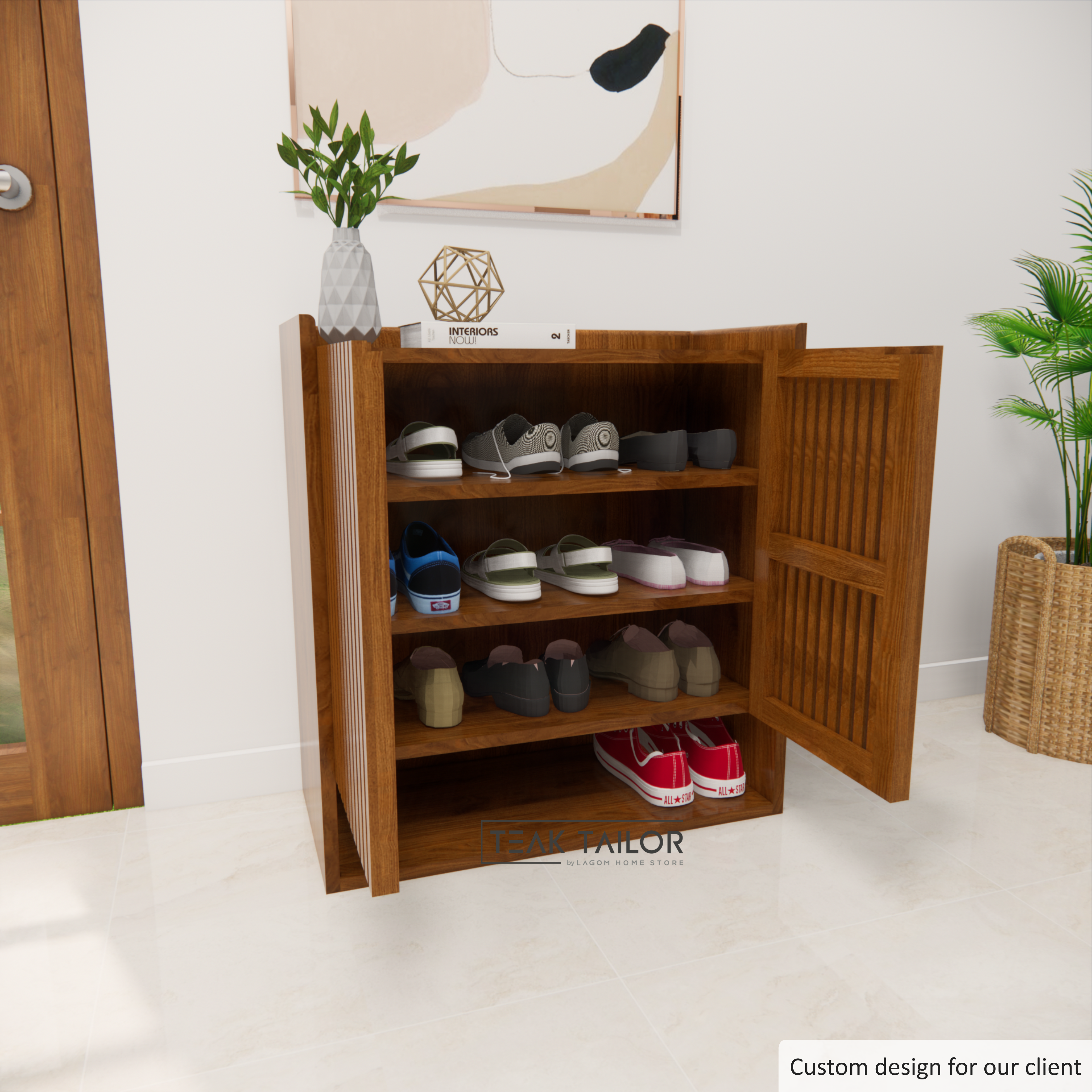 Teak Wood Shoe Cabinet with Slatted Doors