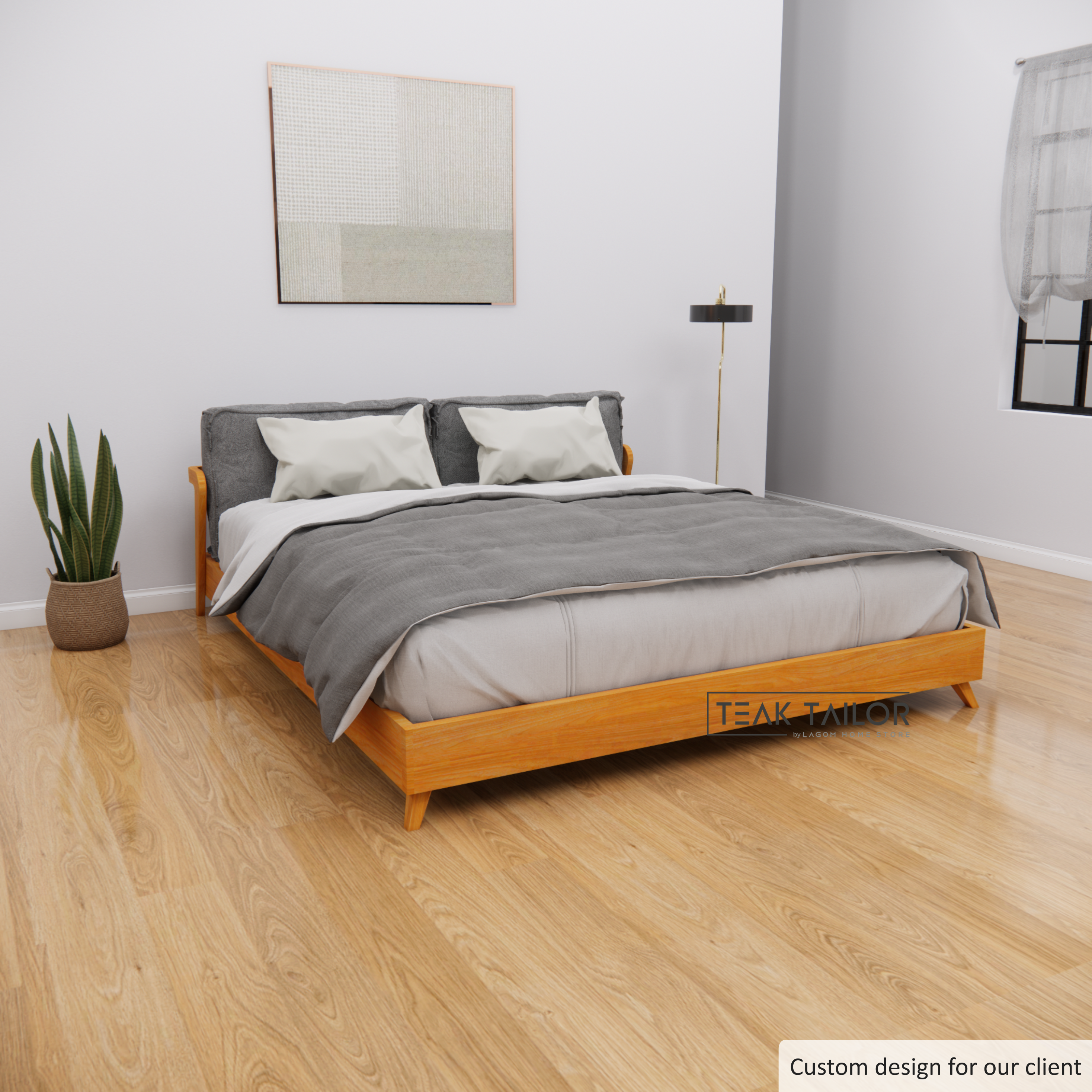 Elegant Teak Bed Frame with Removable Cushion Headboard