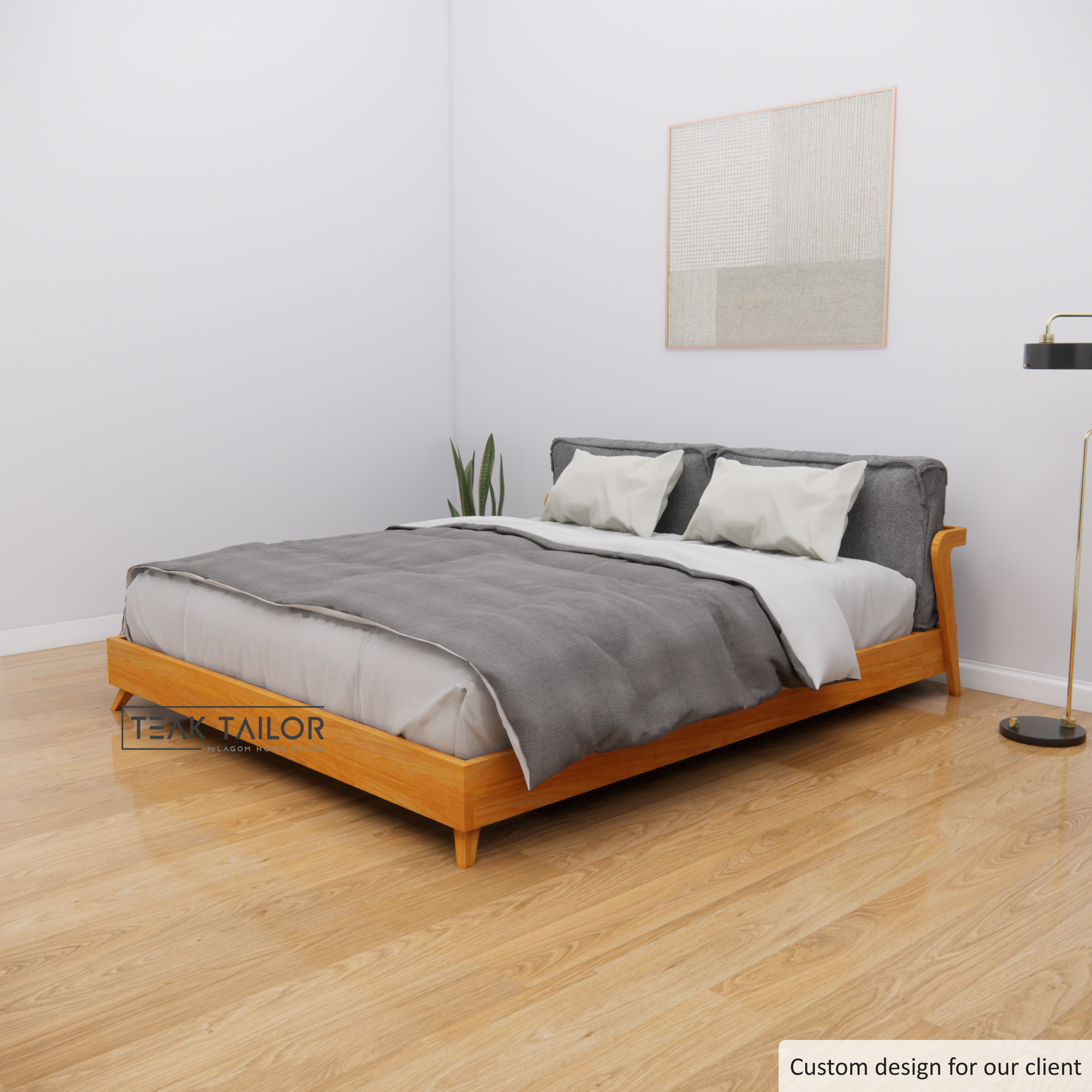 Elegant Teak Bed Frame with Removable Cushion Headboard