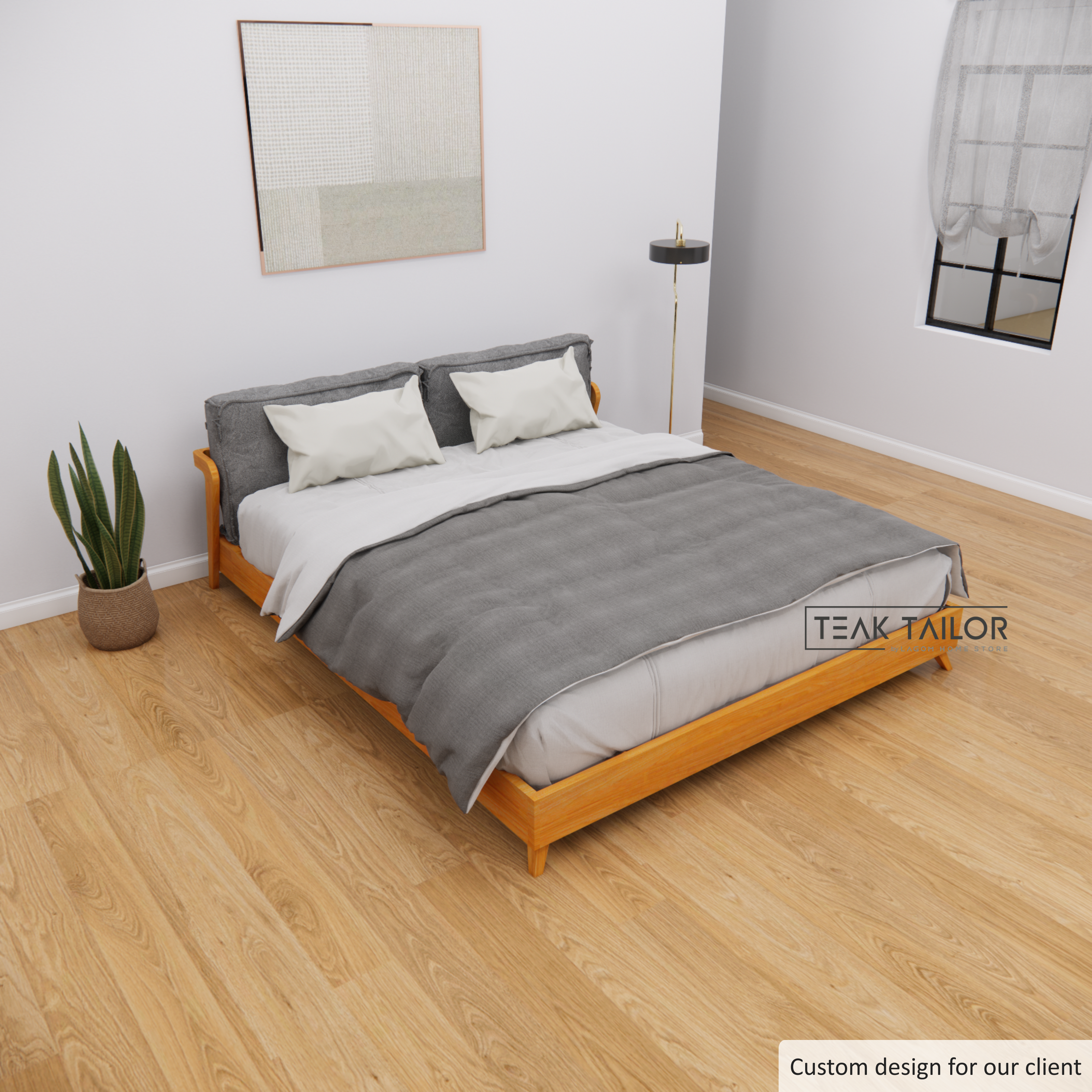 Elegant Teak Bed Frame with Removable Cushion Headboard