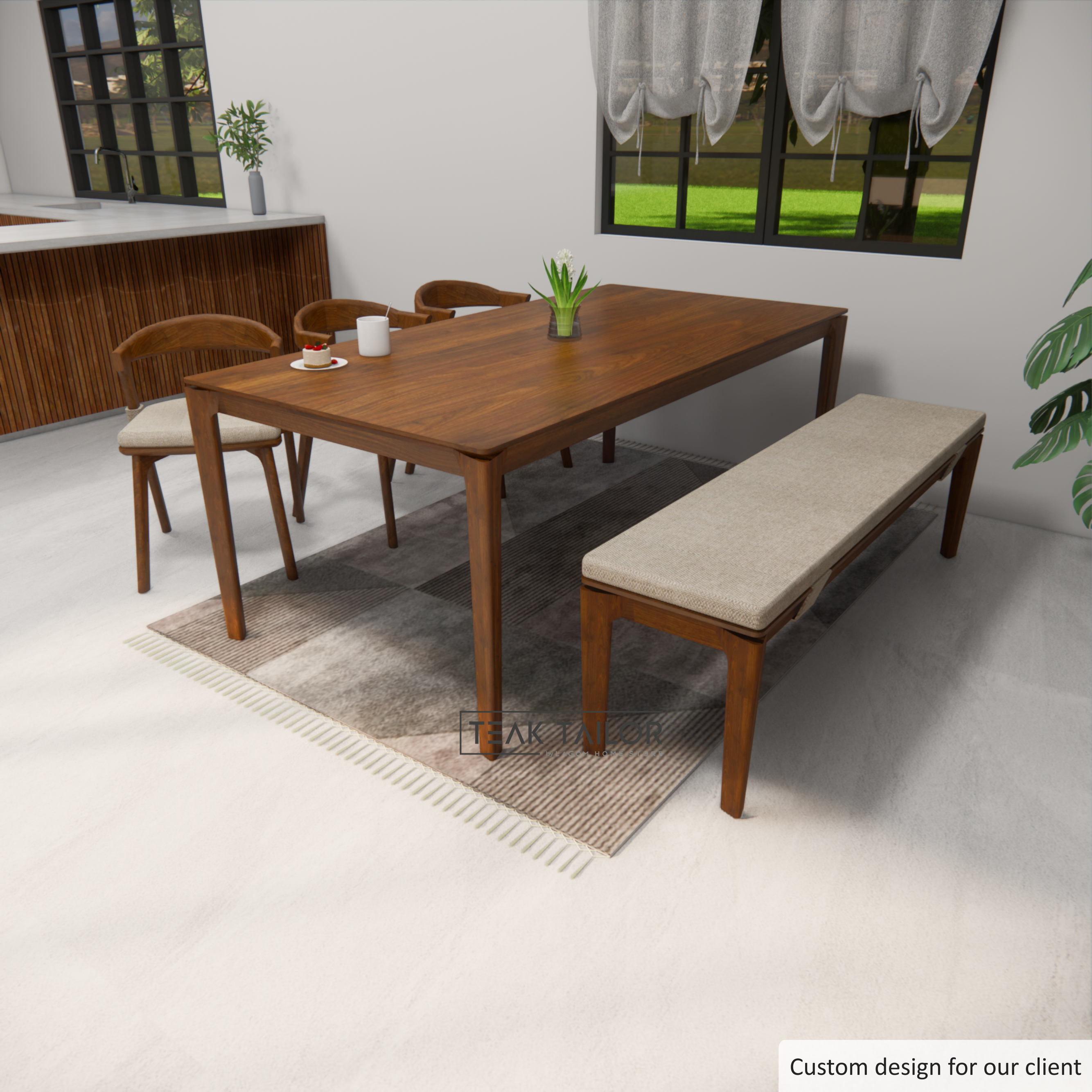 Exclusive Teak Wood Dining Set with 3 Chairs and 1 Bench