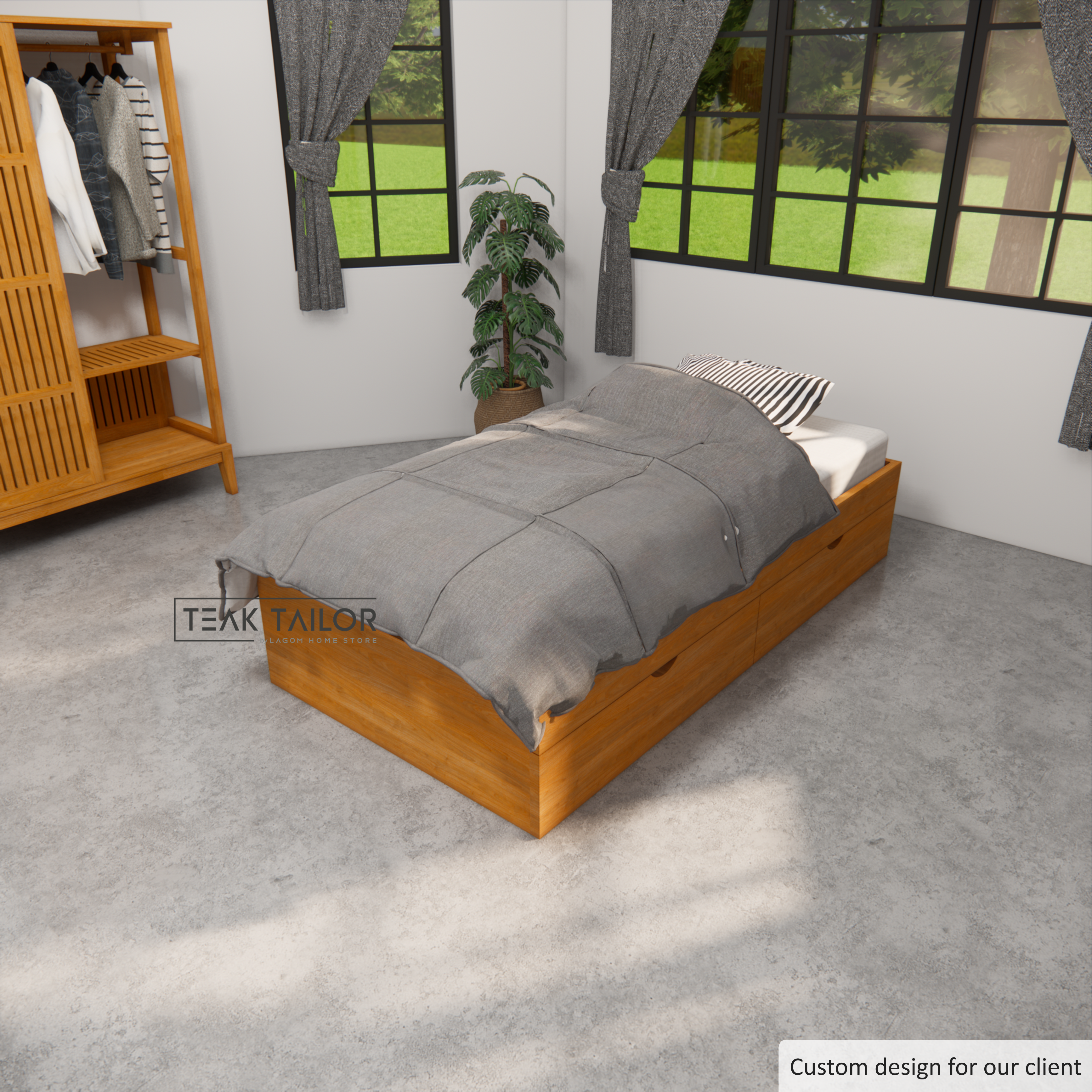 Teak Wood Single Bed Frame with Drawers