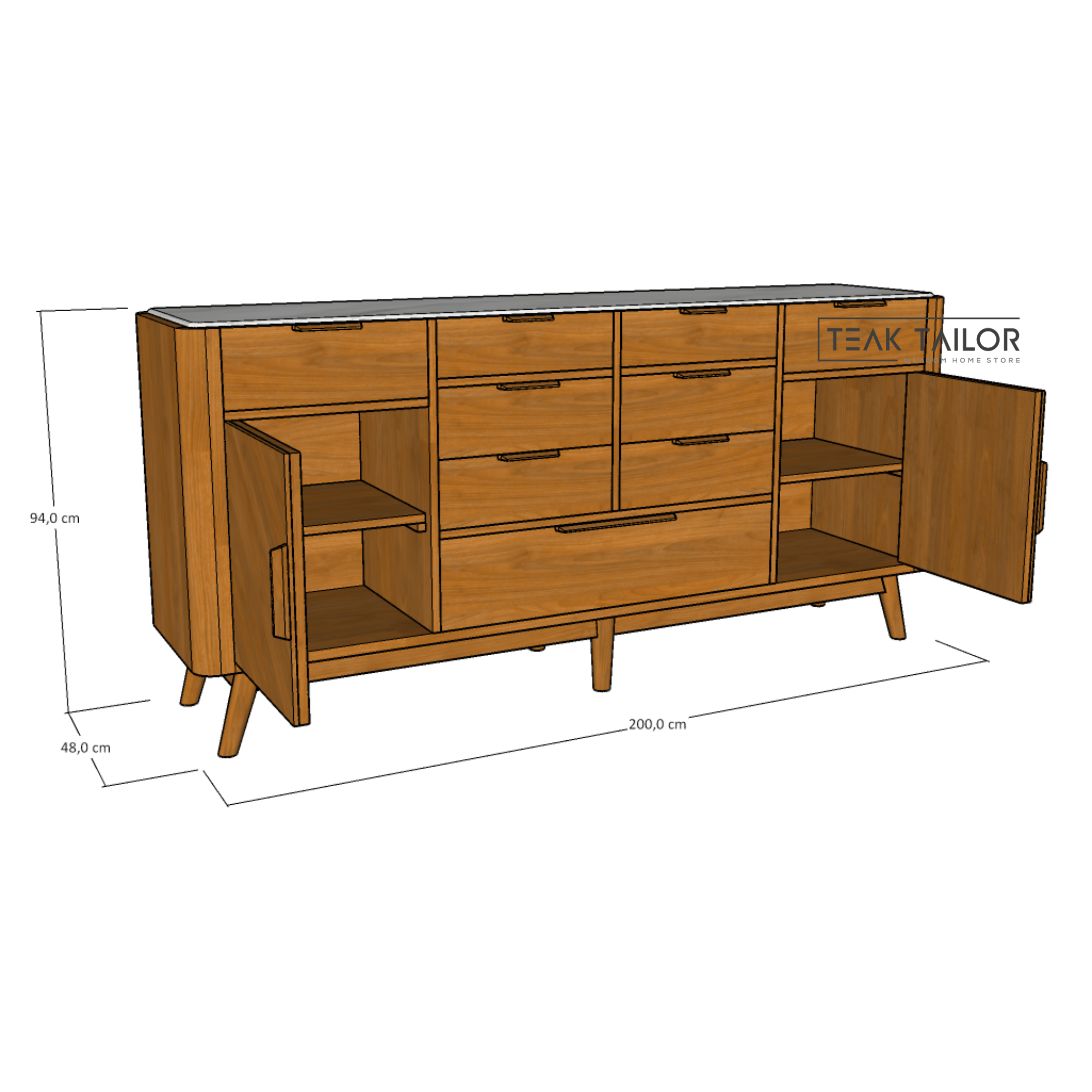 200 cm Solid Teak & Marble Buffet
