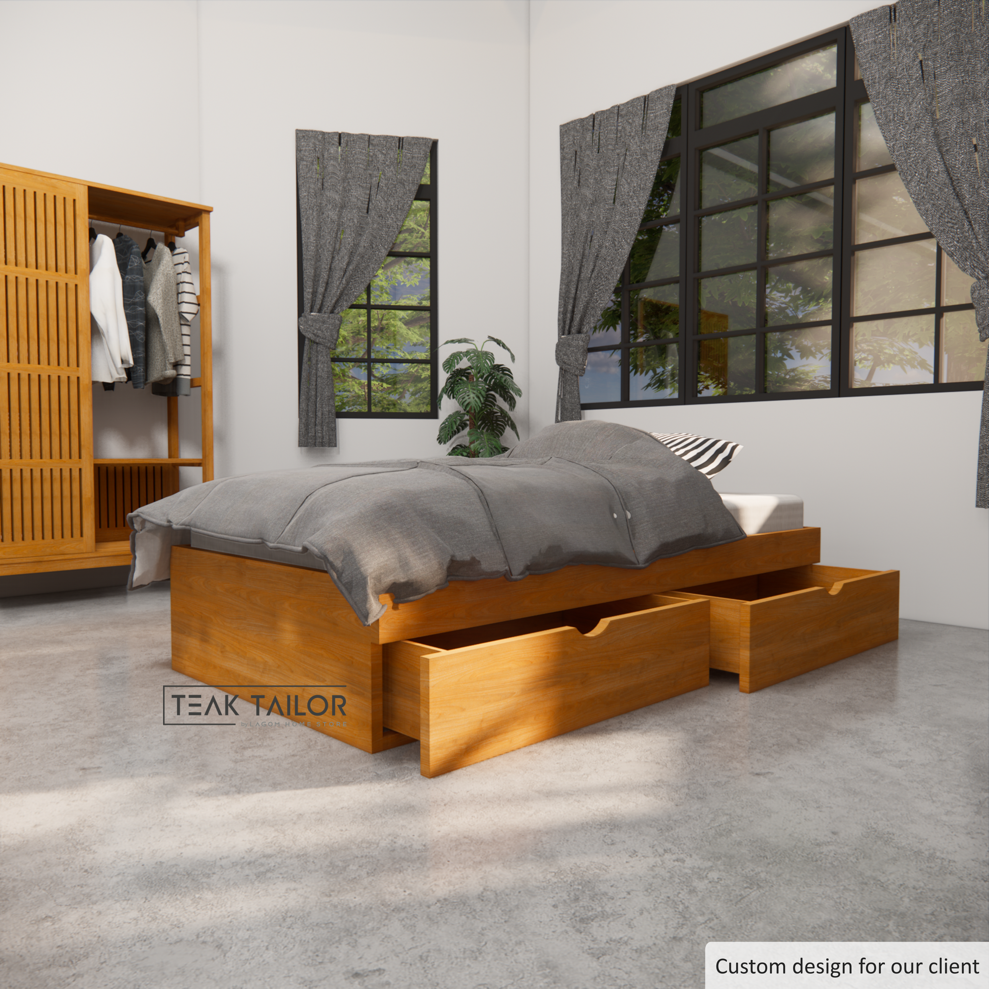Teak Wood Single Bed Frame with Drawers