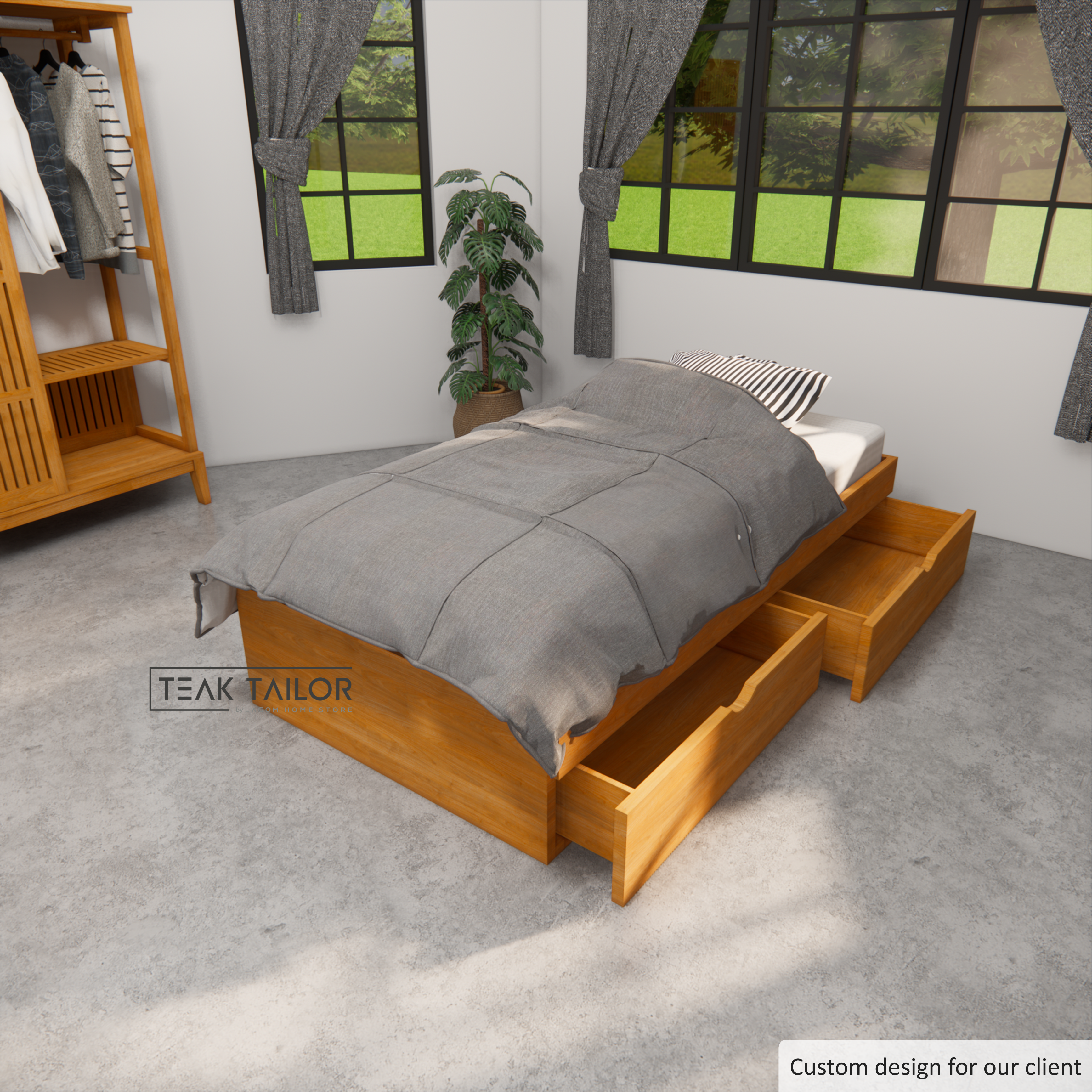 Teak Wood Single Bed Frame with Drawers