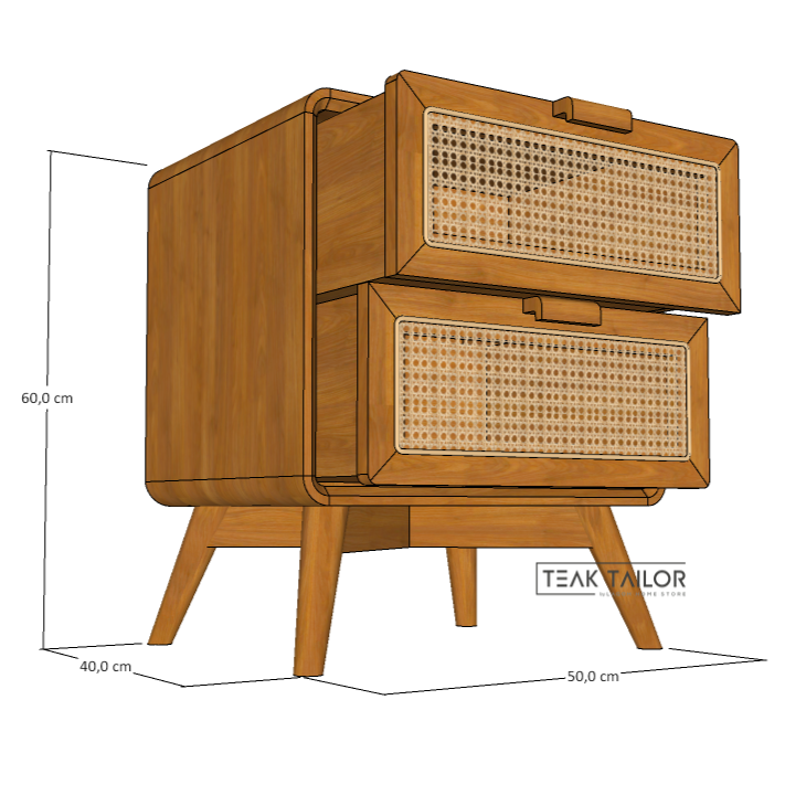 Teak Wood & Rattan Side Table with Dual Storage
