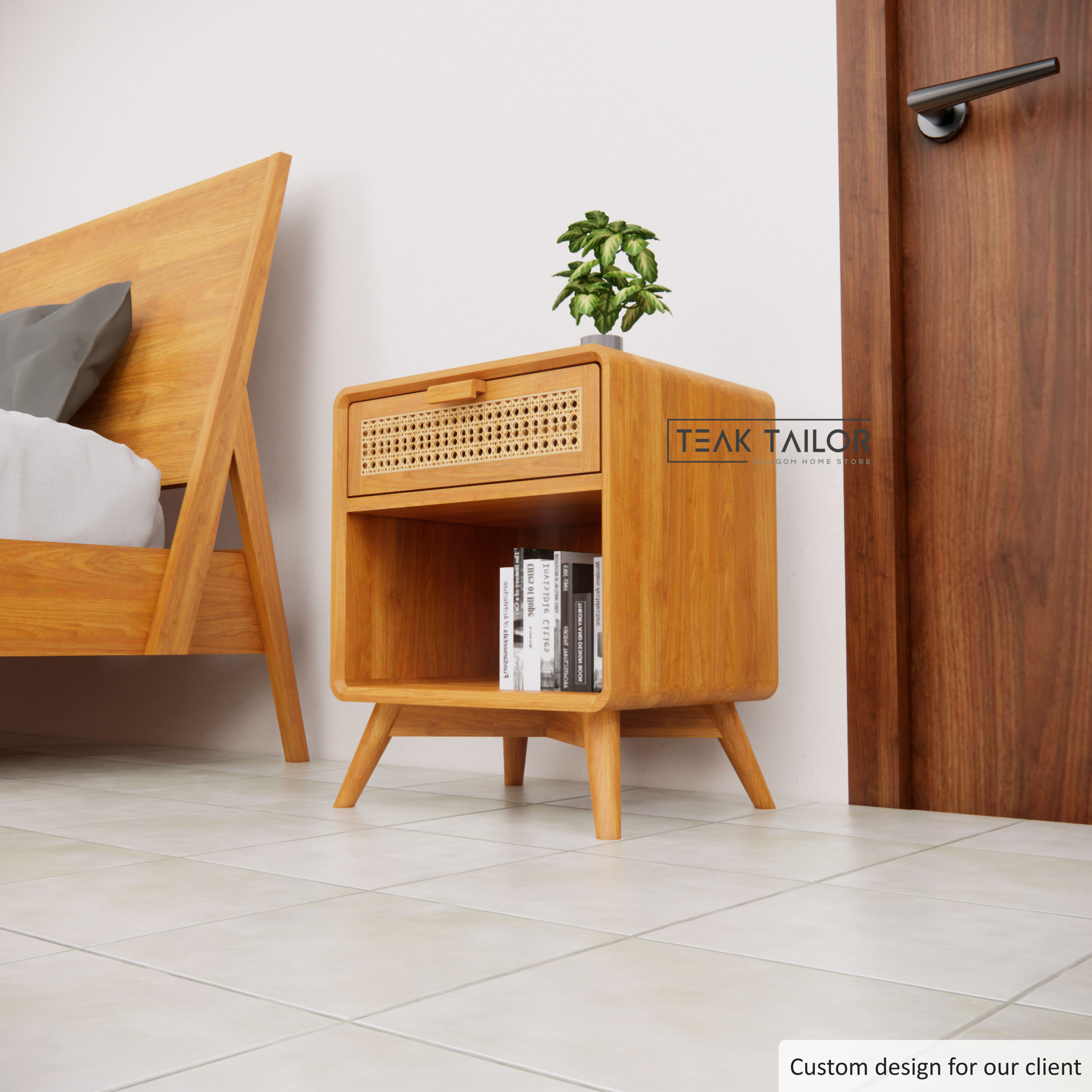 Teak & Rattan Side Table with Drawer & Open Storage