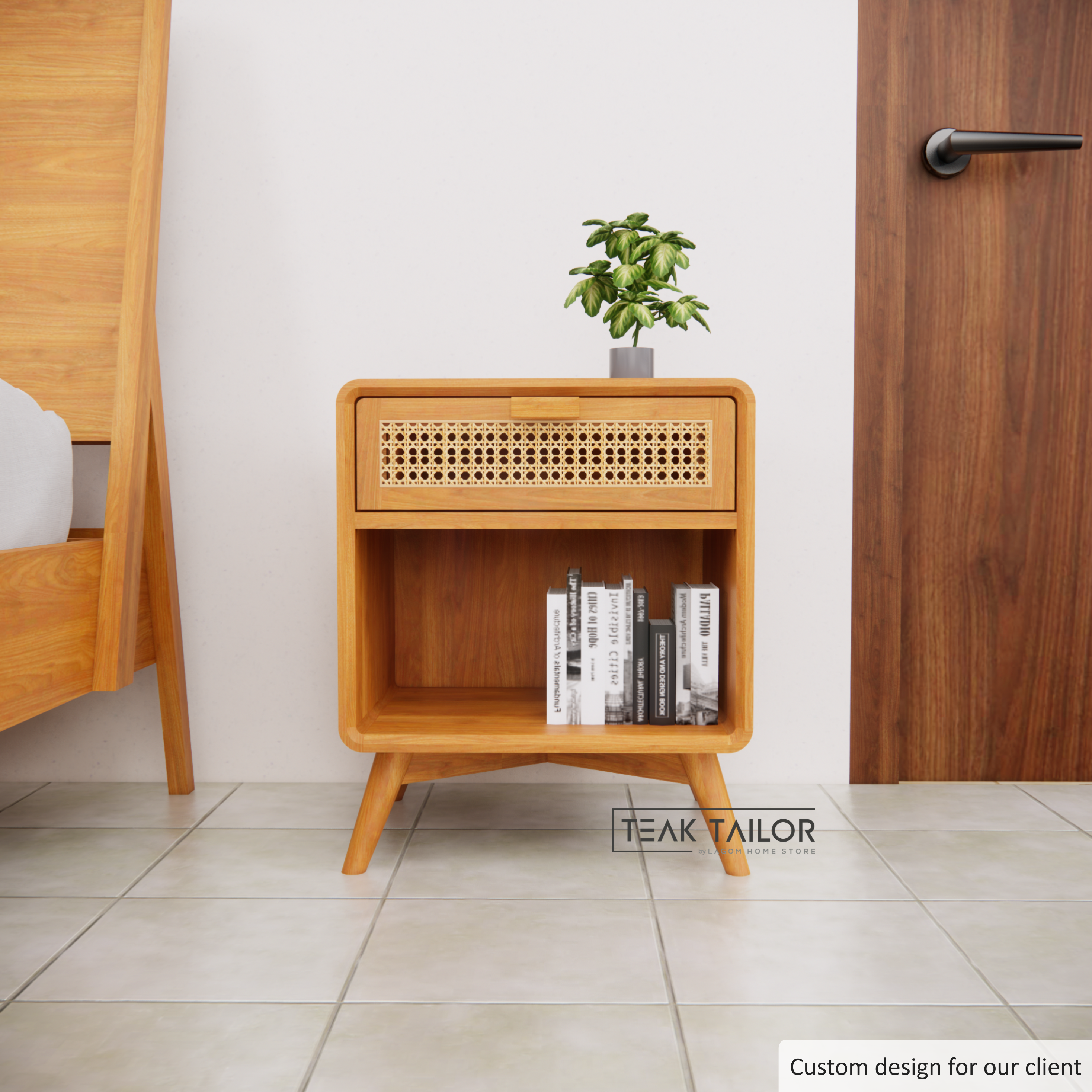 Teak & Rattan Side Table with Drawer & Open Storage