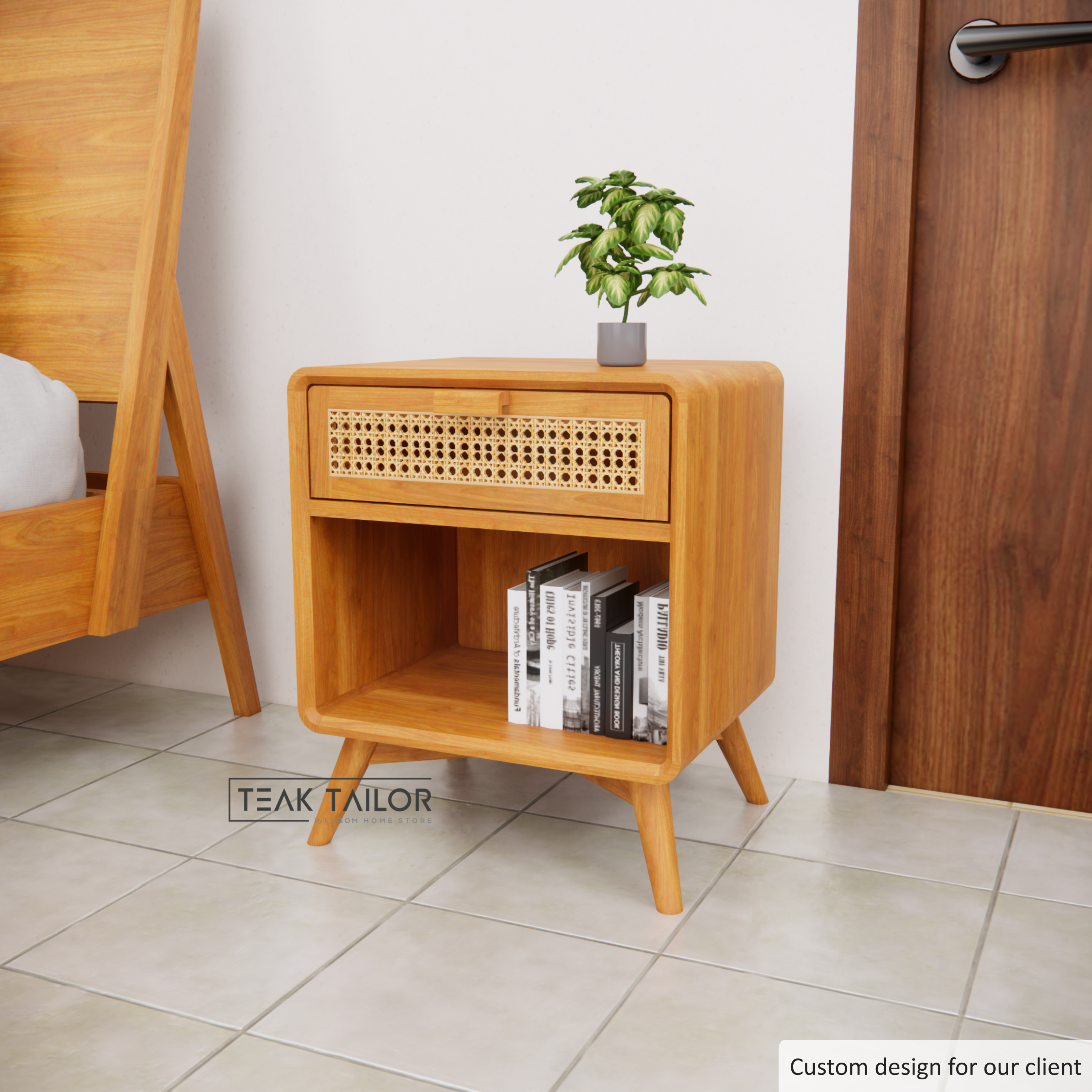Teak & Rattan Side Table with Drawer & Open Storage