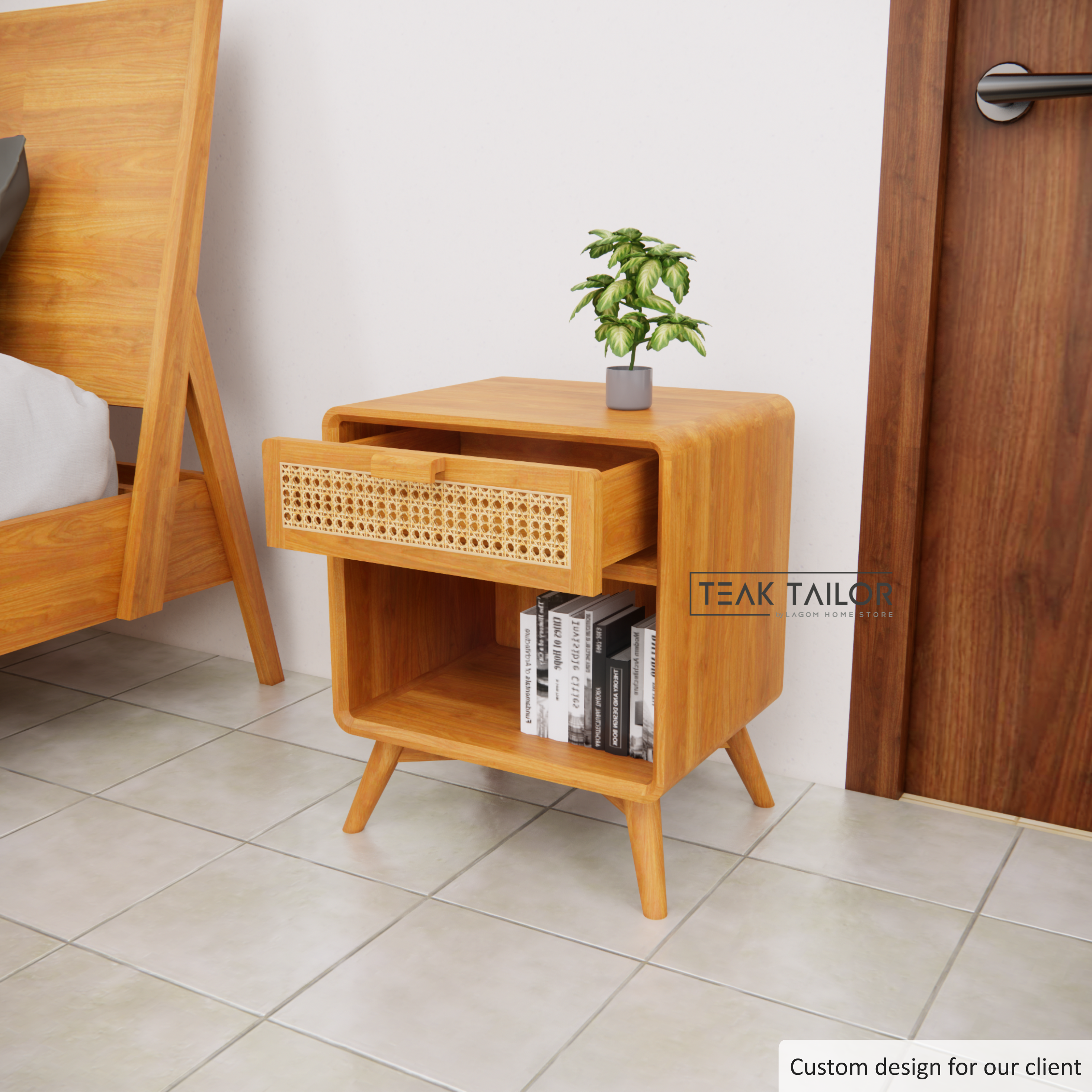 Teak & Rattan Side Table with Drawer & Open Storage
