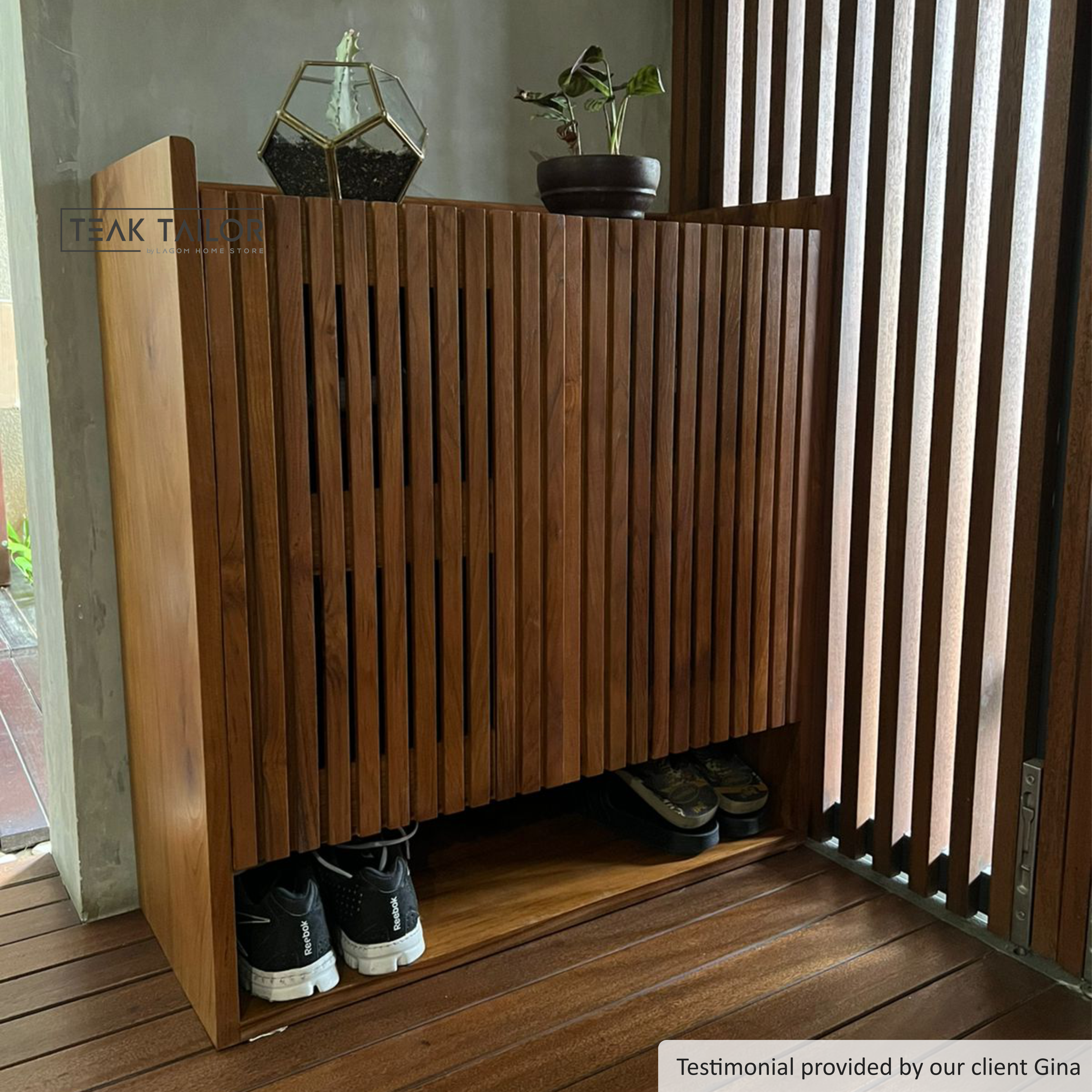 Teak Wood Shoe Cabinet with Slatted Doors