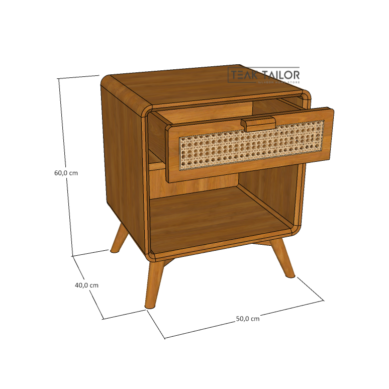 Teak & Rattan Side Table with Drawer & Open Storage