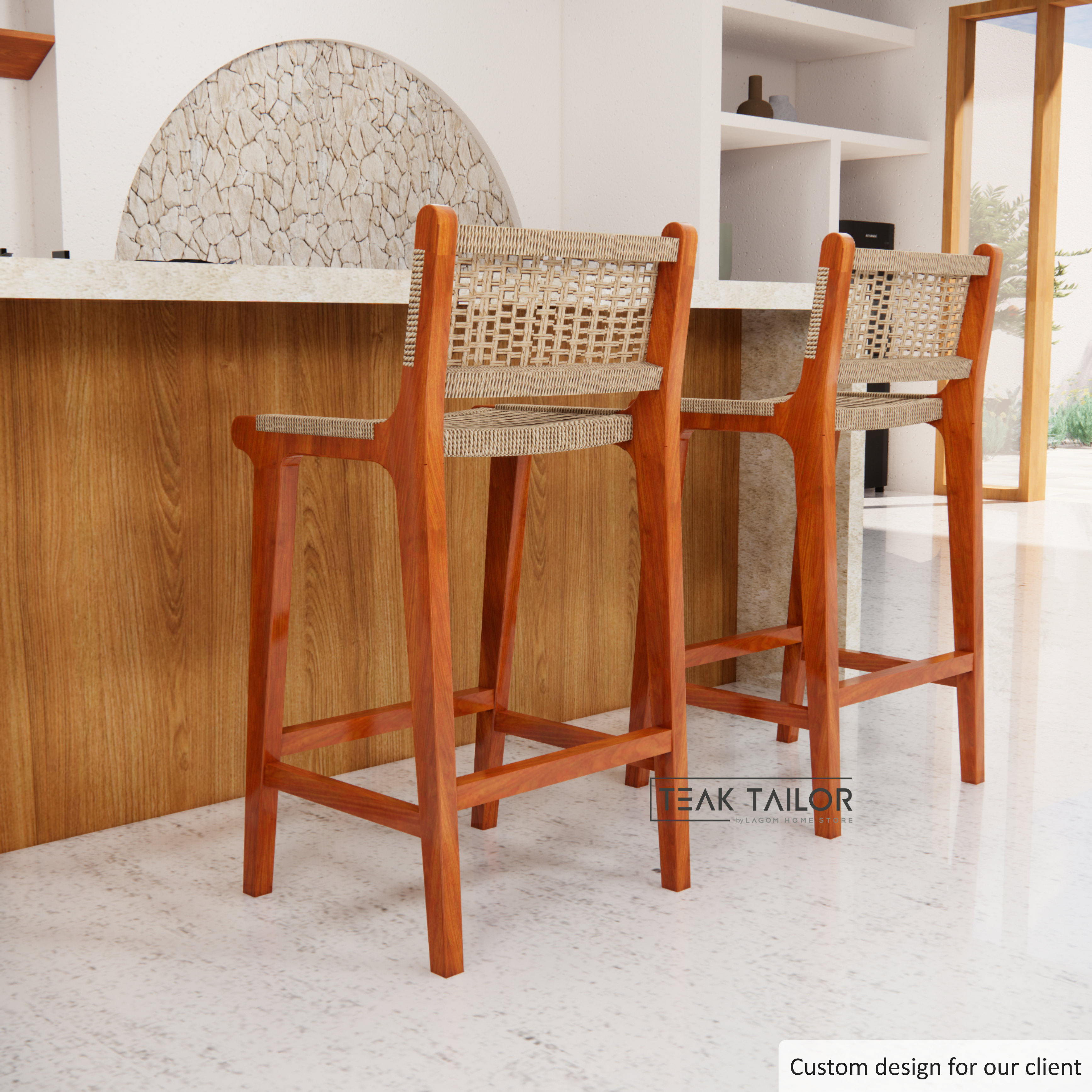 Exclusive Bar Stool in Teak Wood and Premium Loom