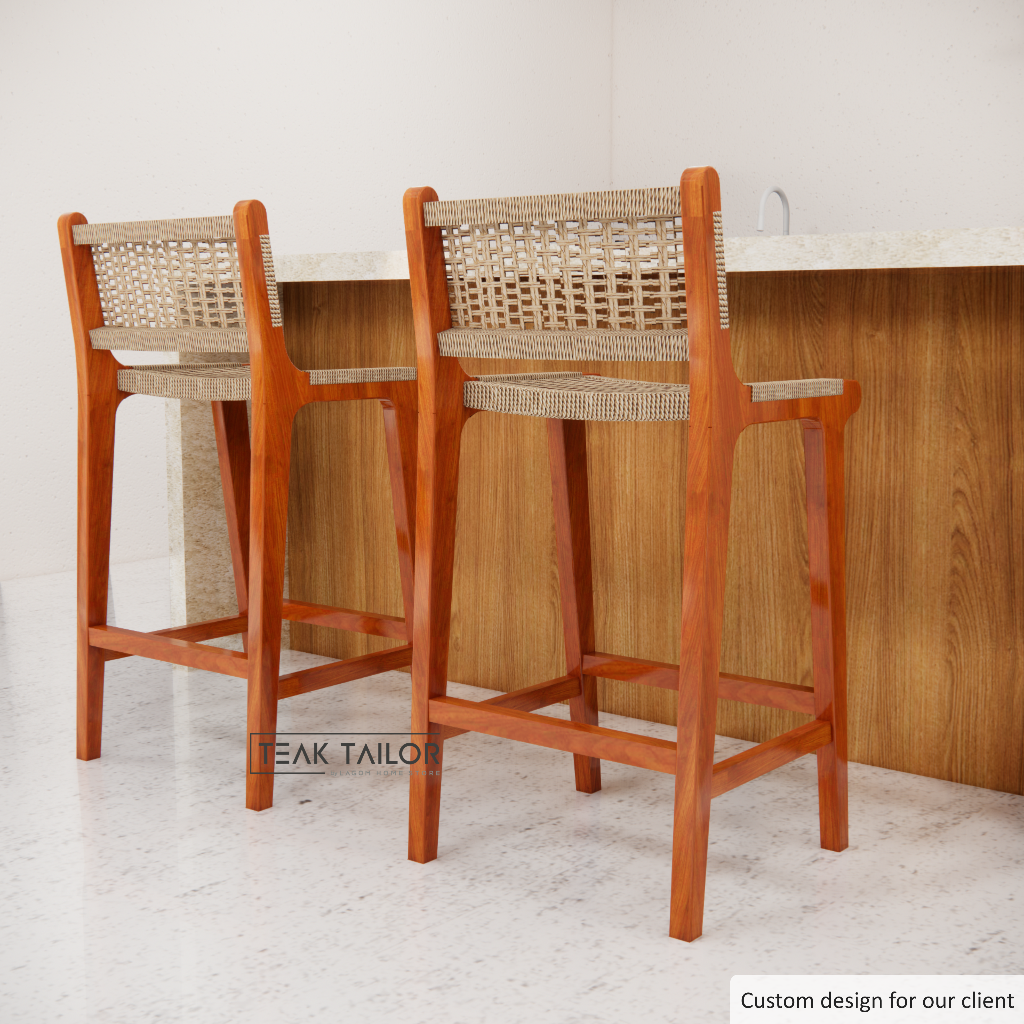 Exclusive Bar Stool in Teak Wood and Premium Loom