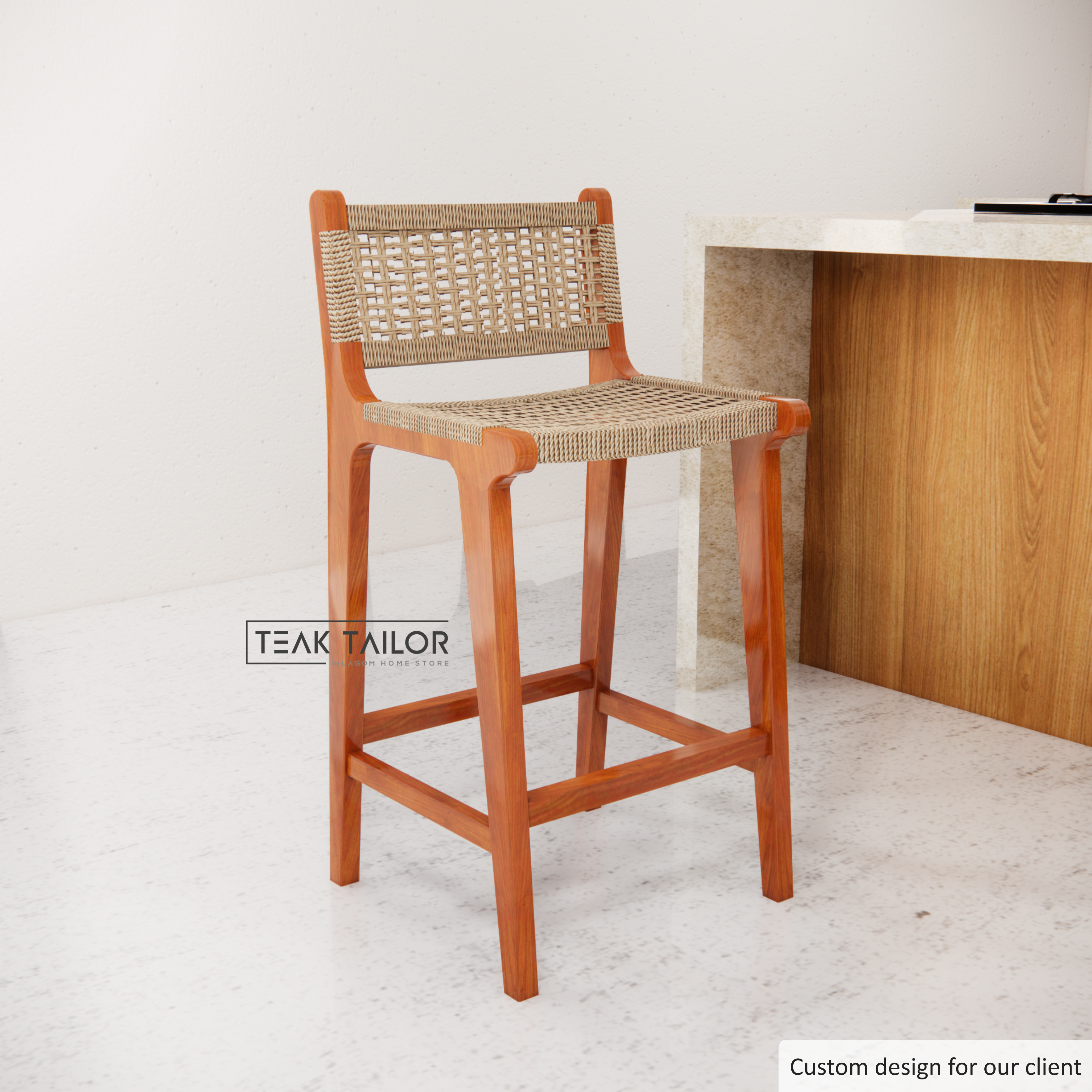 Exclusive Bar Stool in Teak Wood and Premium Loom