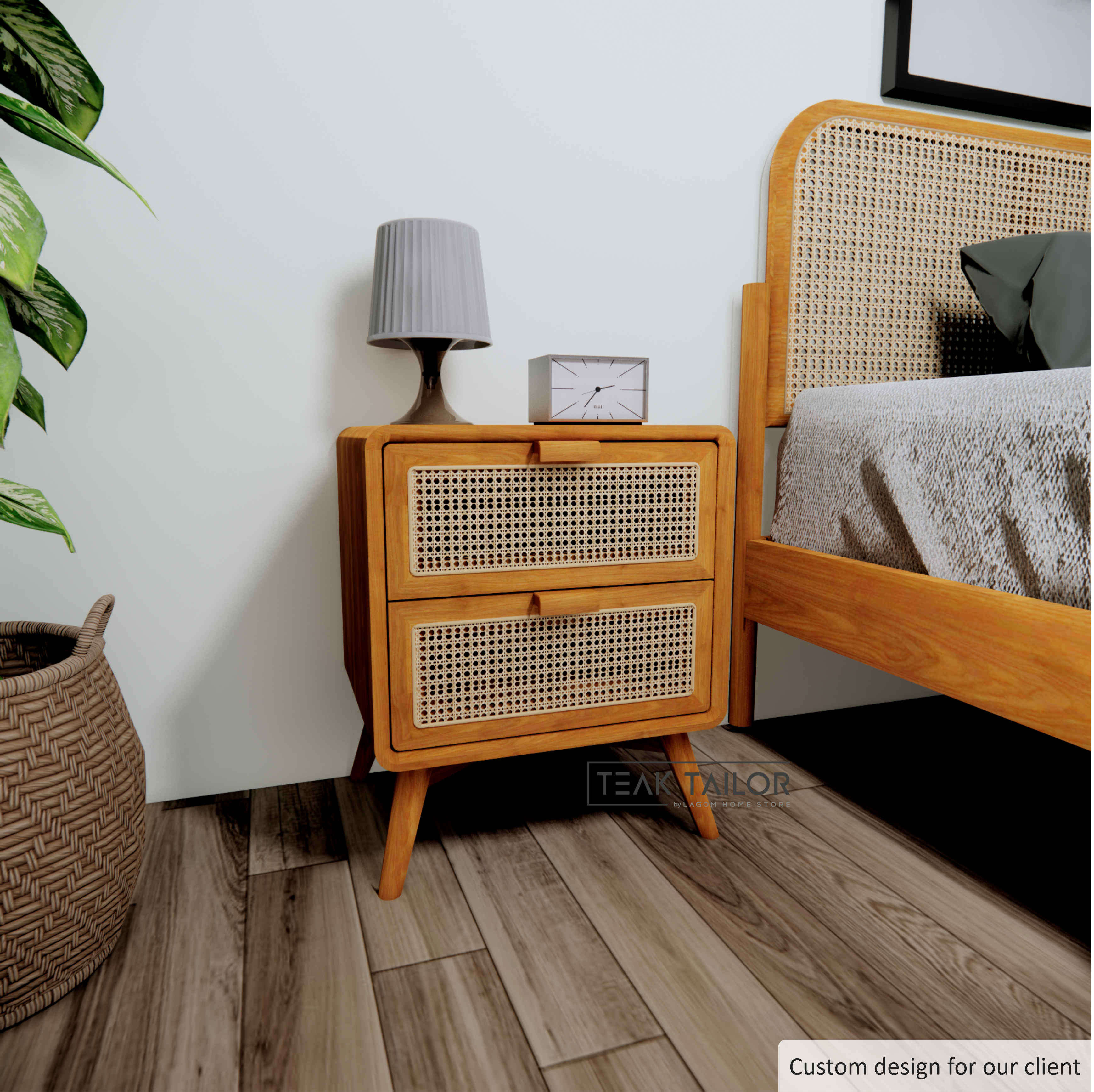 Teak Wood & Rattan Side Table with Dual Storage