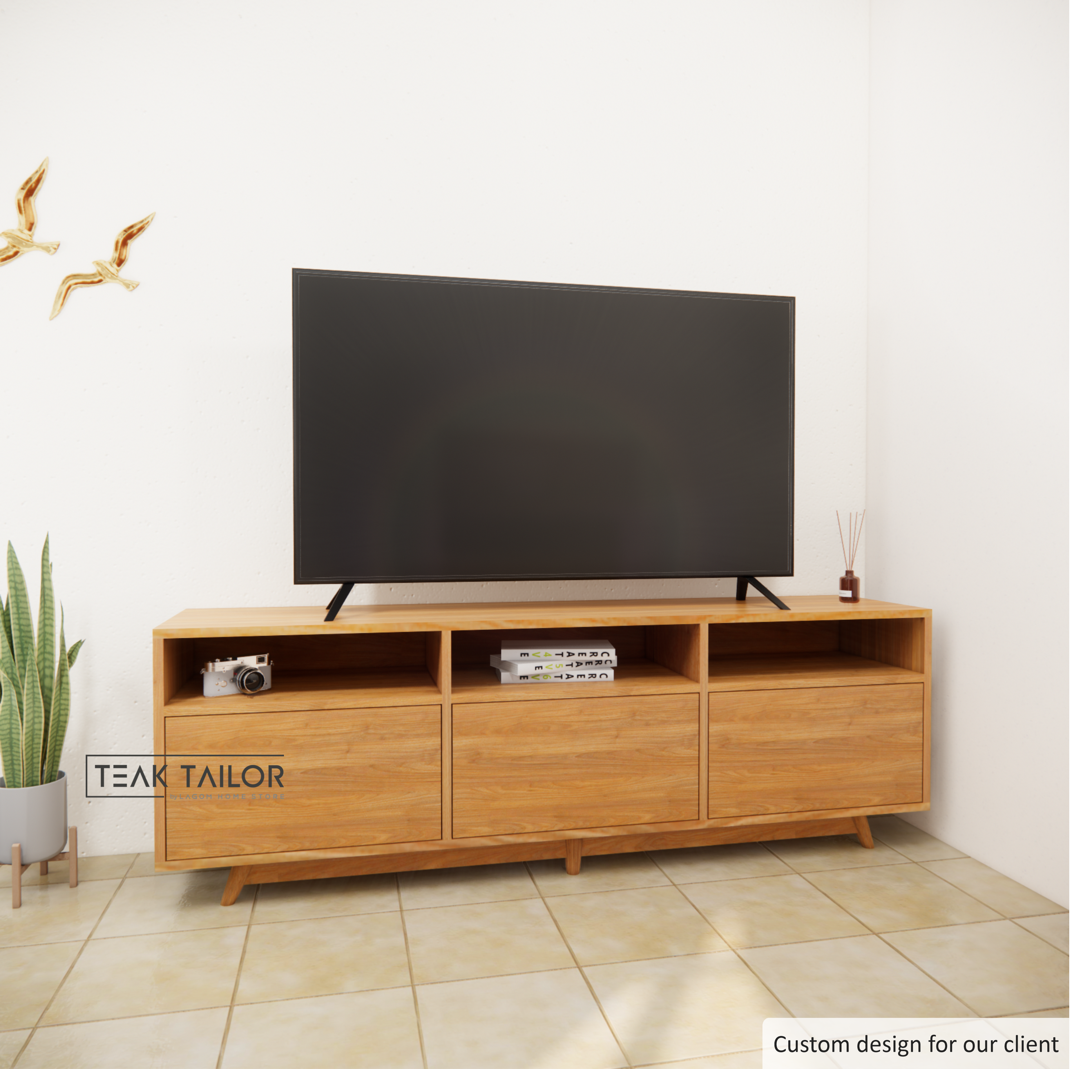 Solid Teak Wood TV Cabinet with Push-to-Open Doors