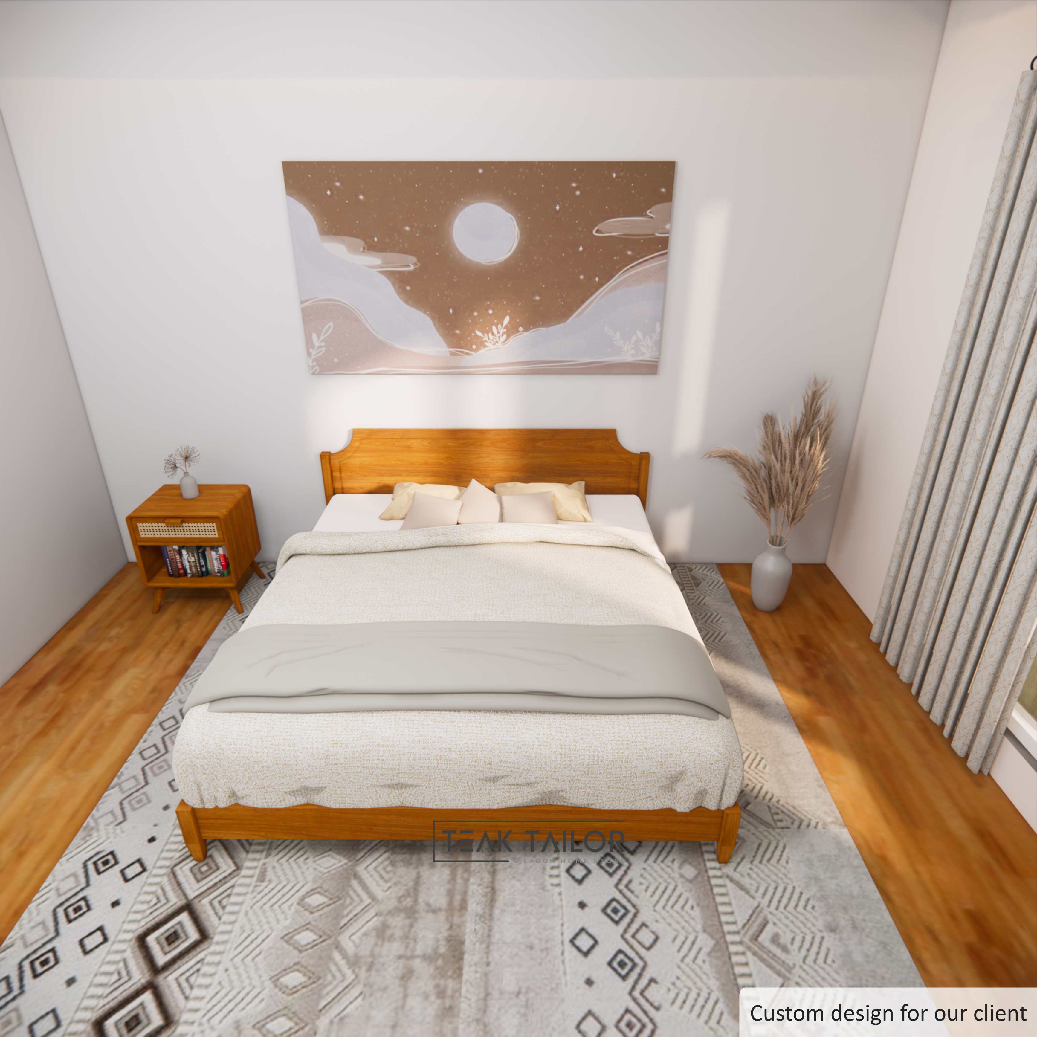 Solid Teak Wood Bed Frame with Unique Headboard