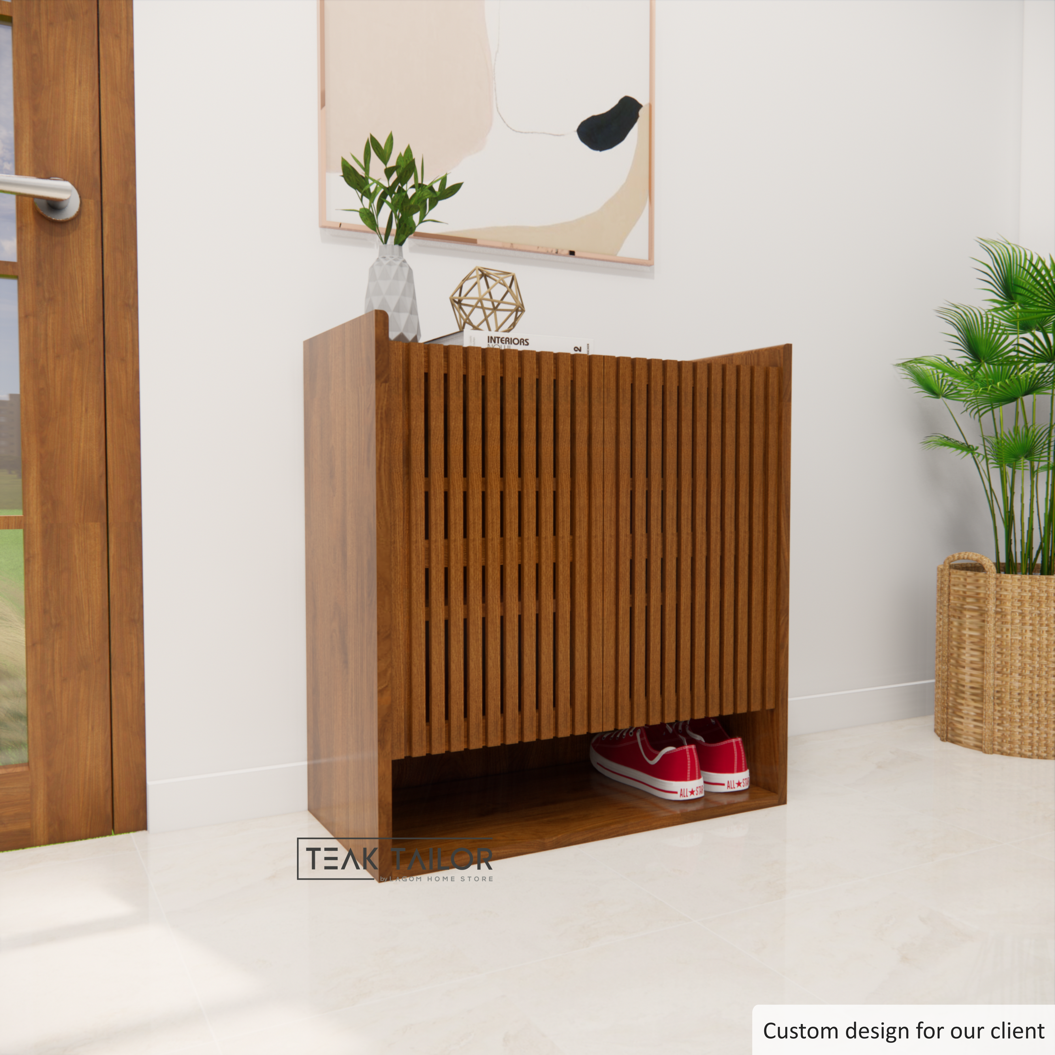 Teak Wood Shoe Cabinet with Slatted Doors