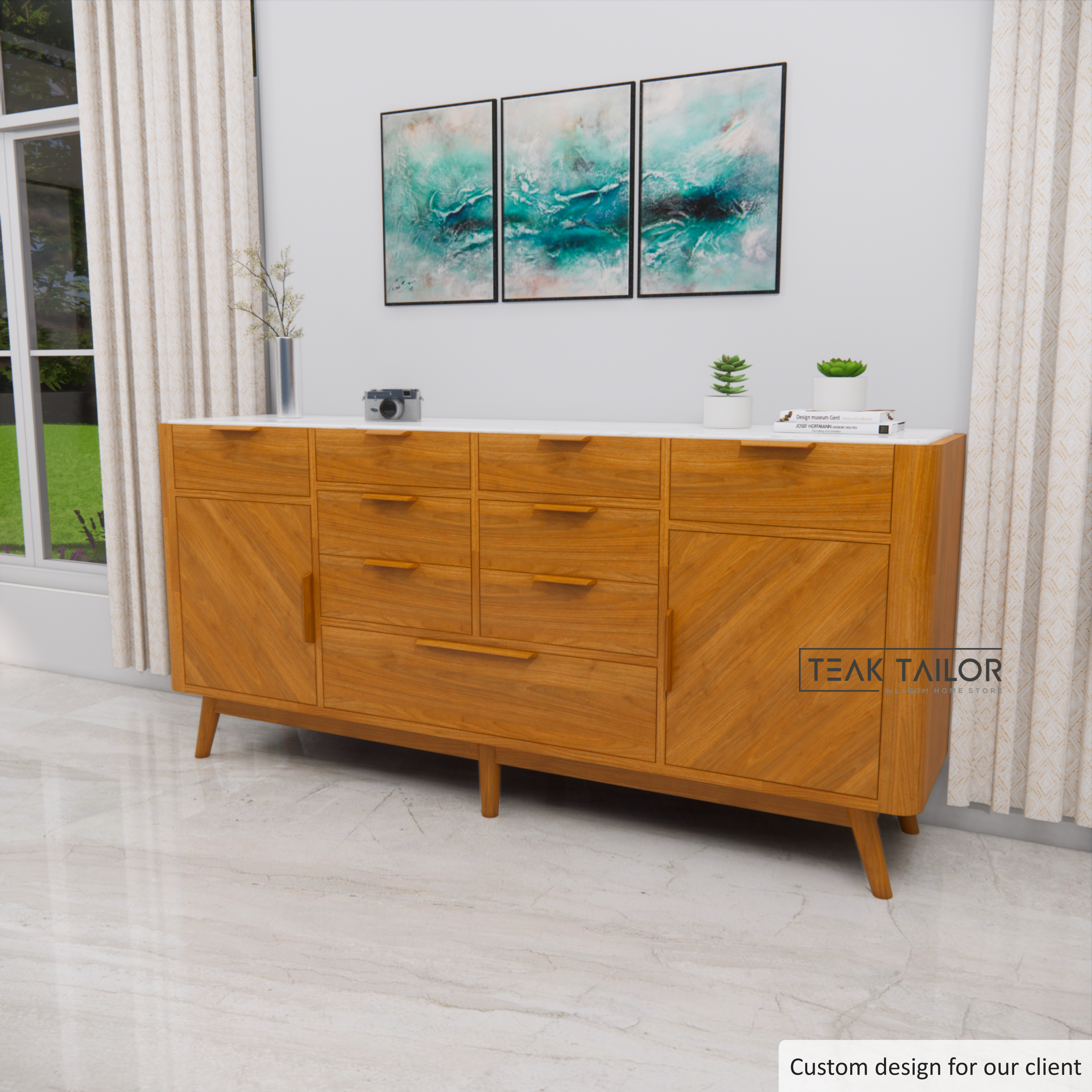 200 cm Solid Teak & Marble Buffet
