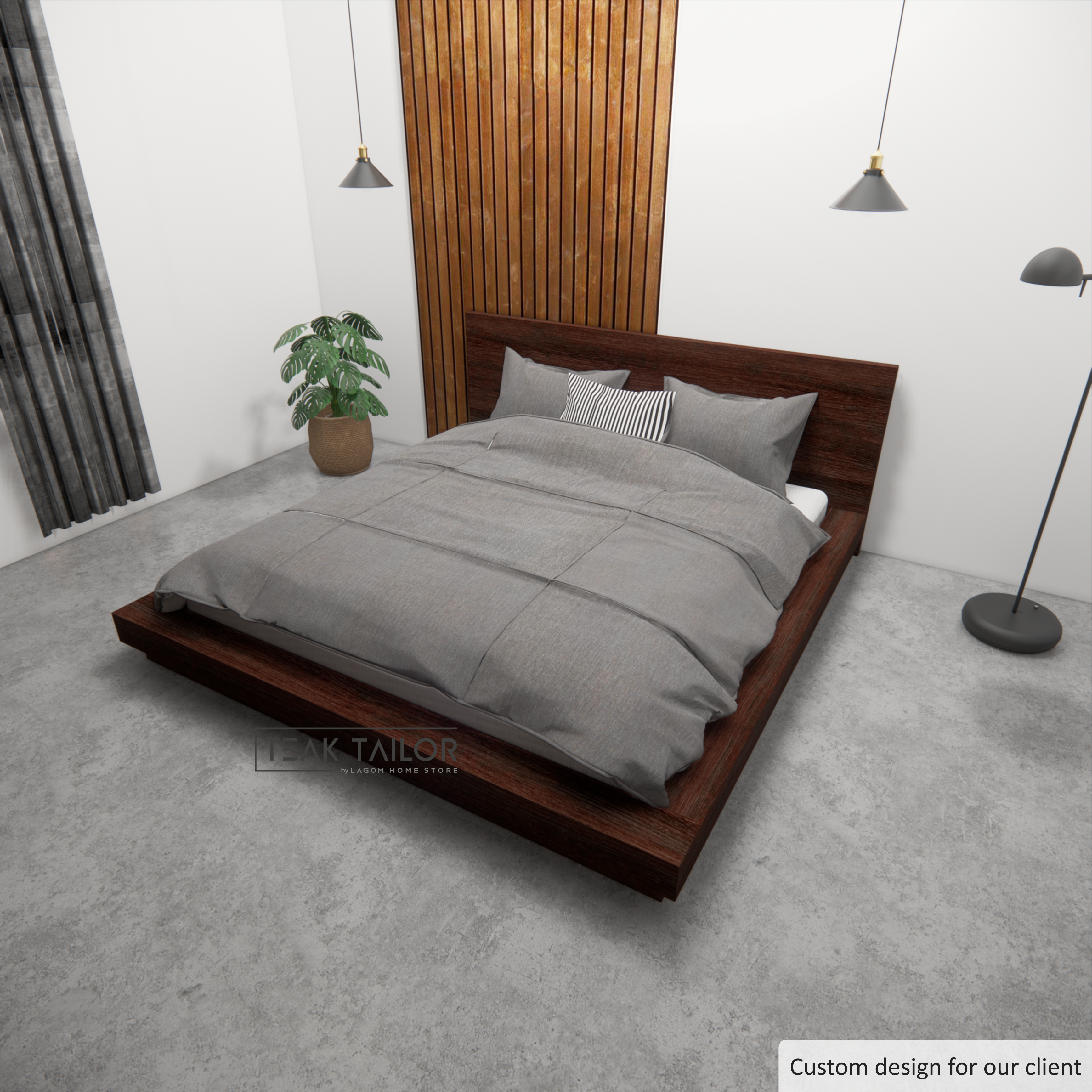 Modern Floor Bed Frame in Solid Teak Wood