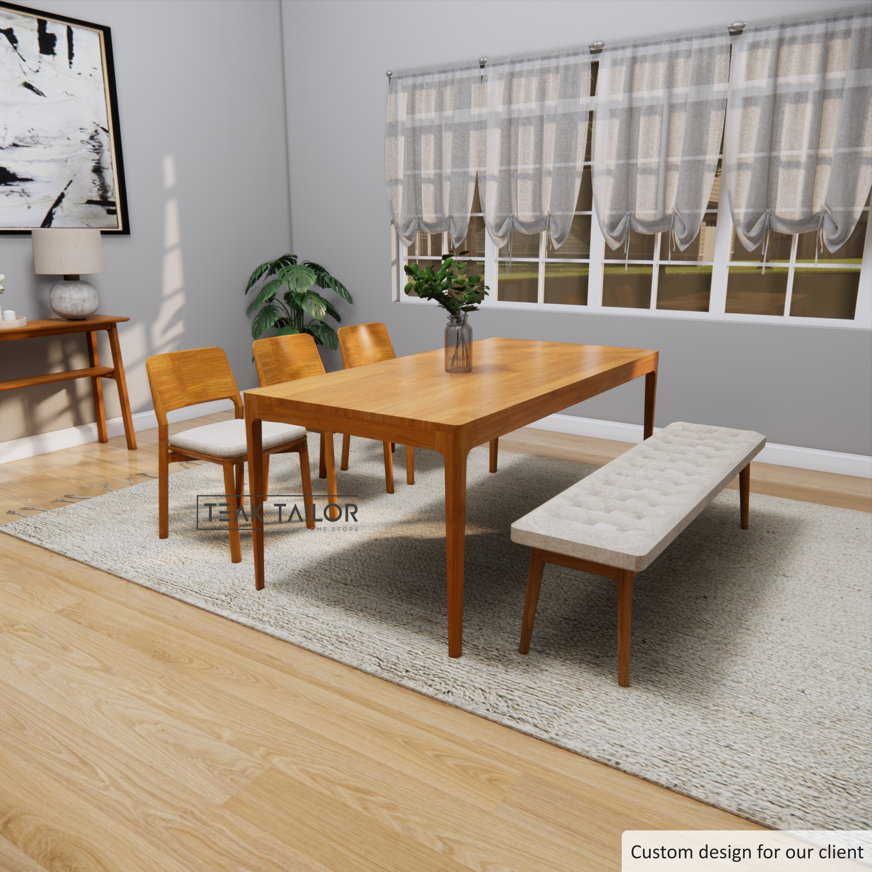 Teak Wood Dining Set with 3 Chairs & 1 Bench