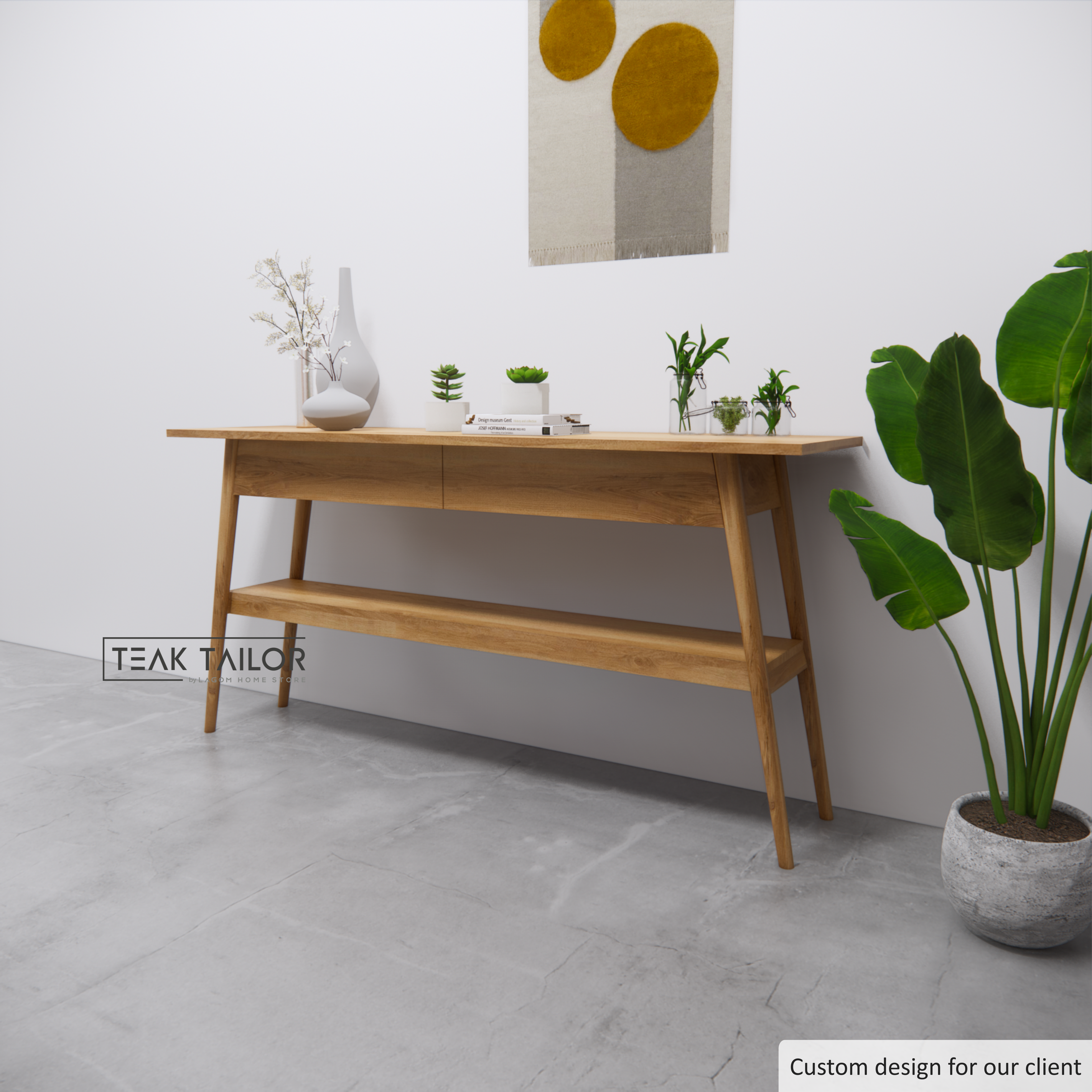 170 cm Solid Teak Console Table with Drawers and Shelf