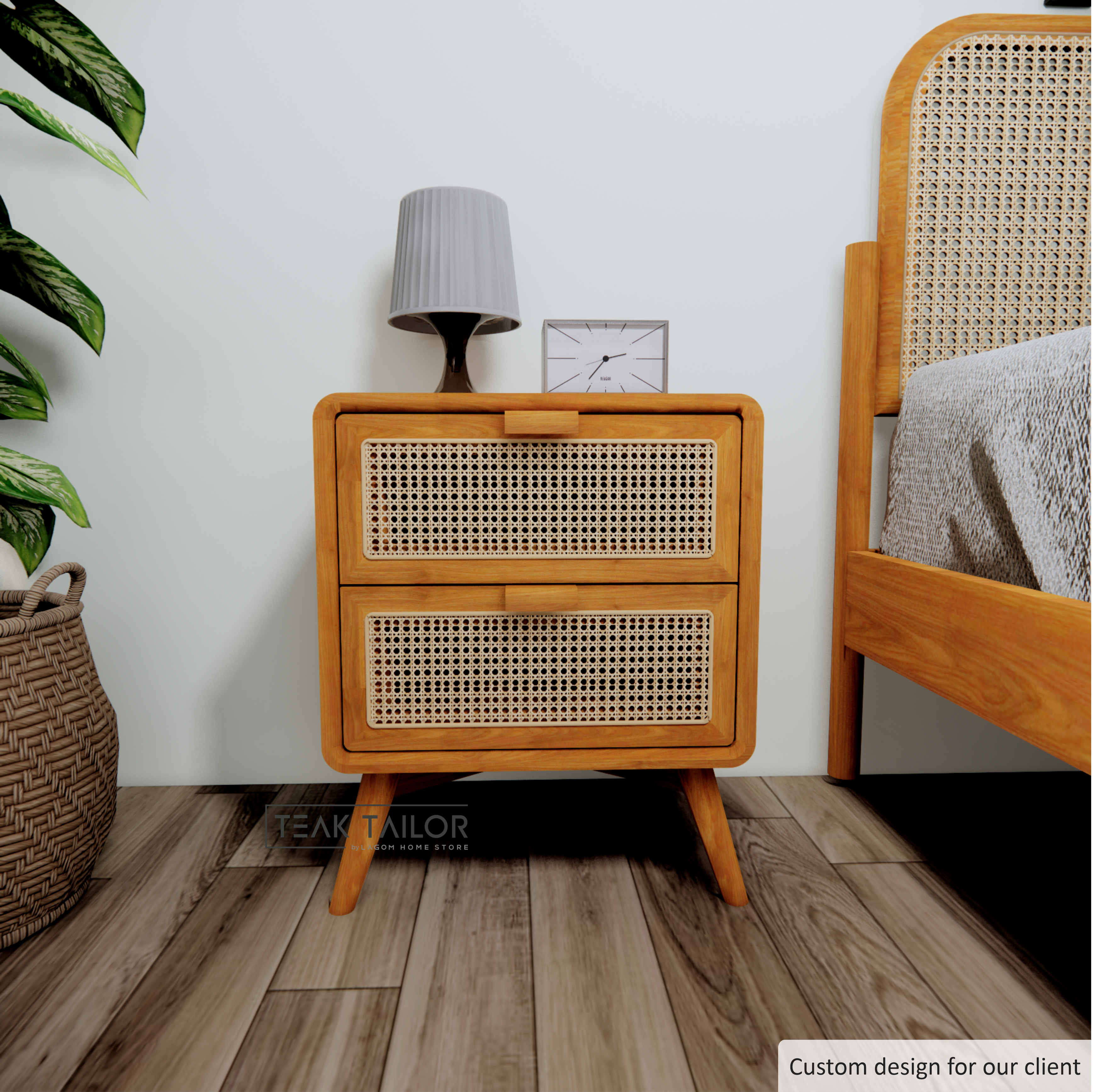 Teak Wood & Rattan Side Table with Dual Storage