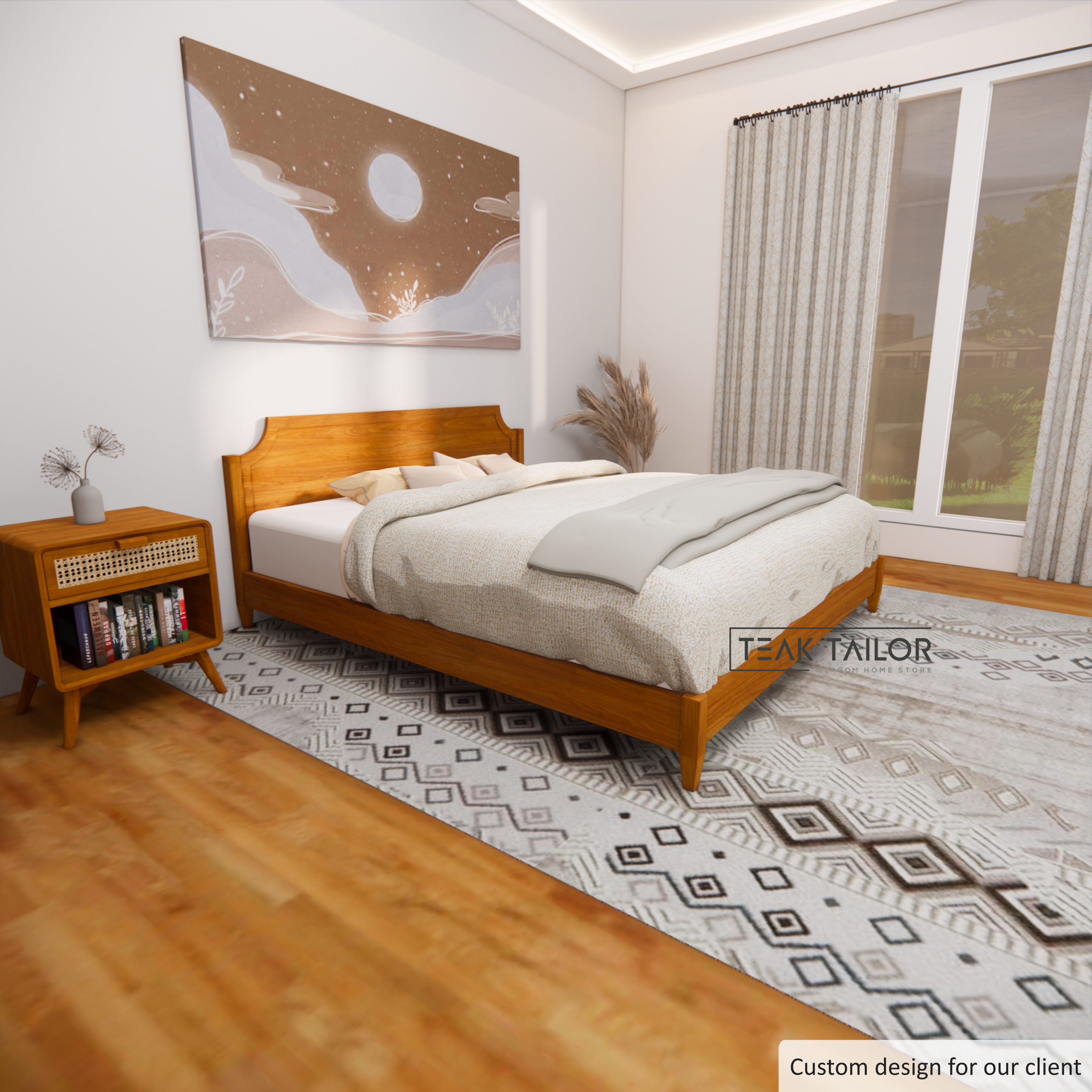Solid Teak Wood Bed Frame with Unique Headboard