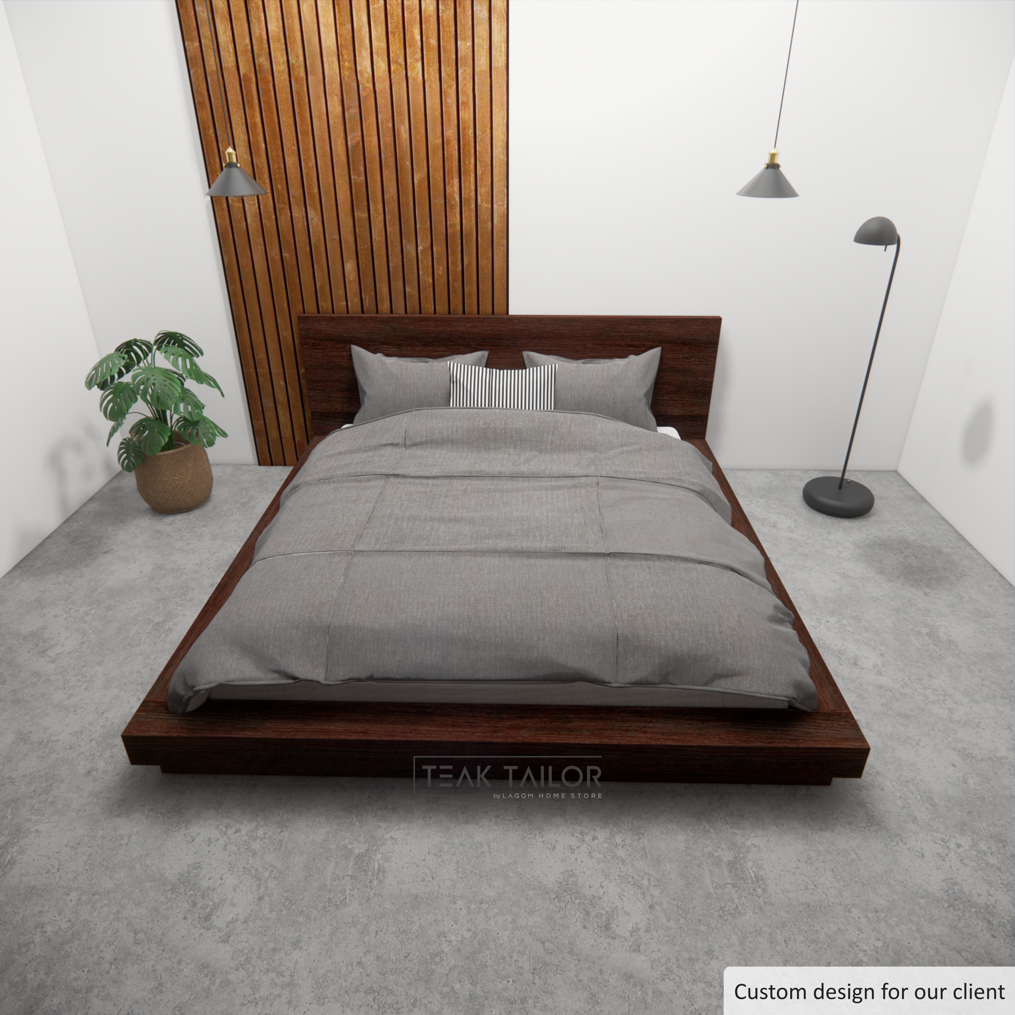 Modern Floor Bed Frame in Solid Teak Wood