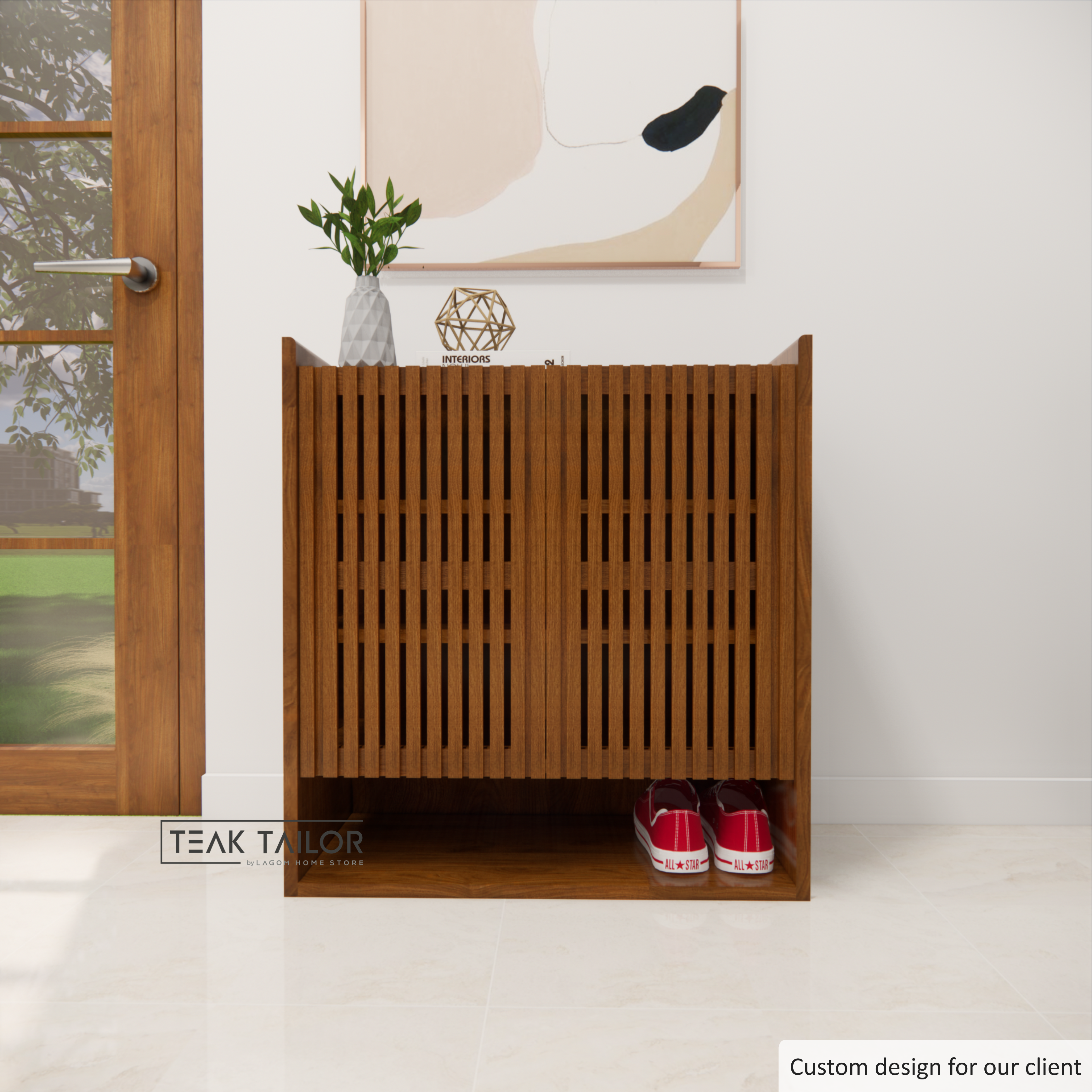 Teak Wood Shoe Cabinet with Slatted Doors