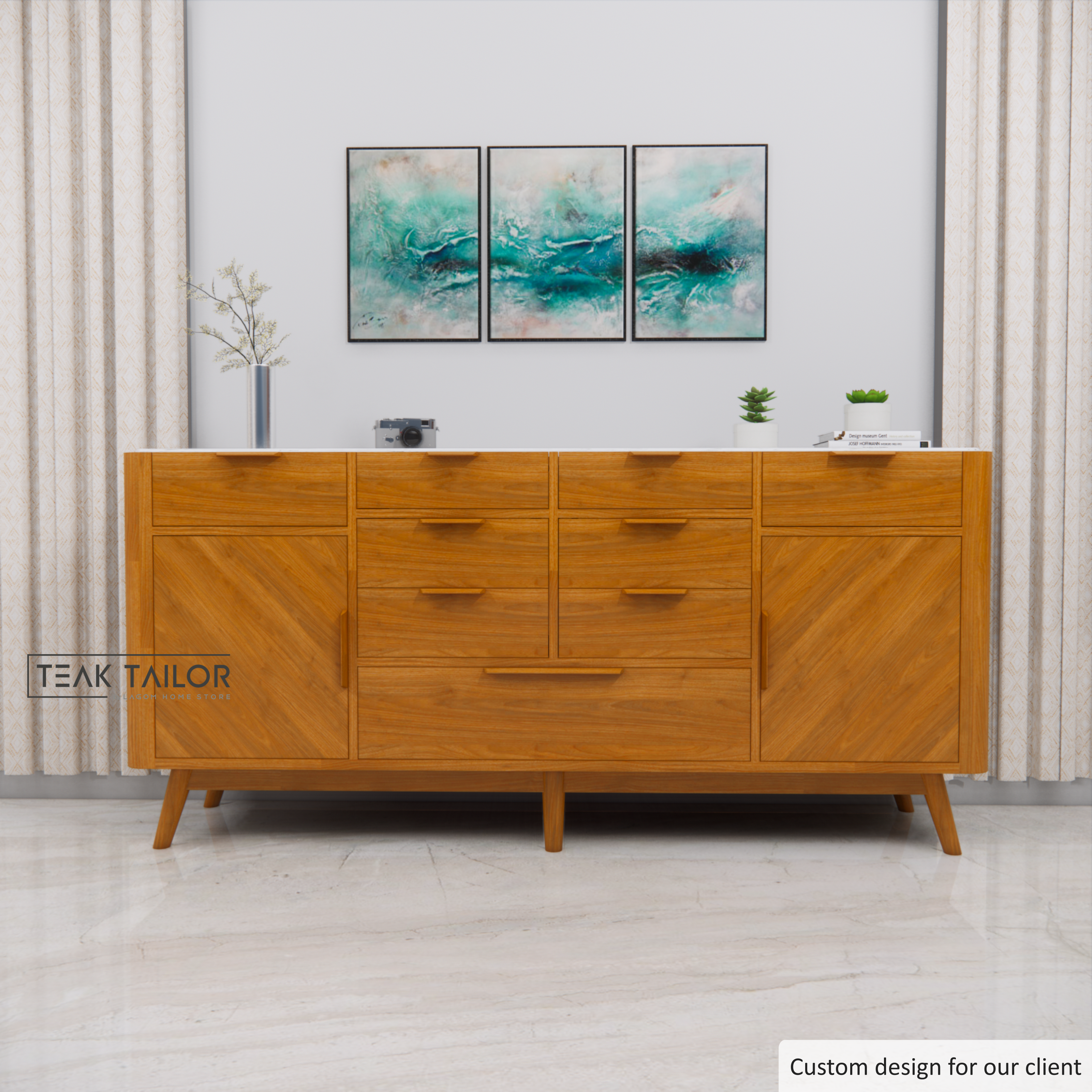 200 cm Solid Teak & Marble Buffet