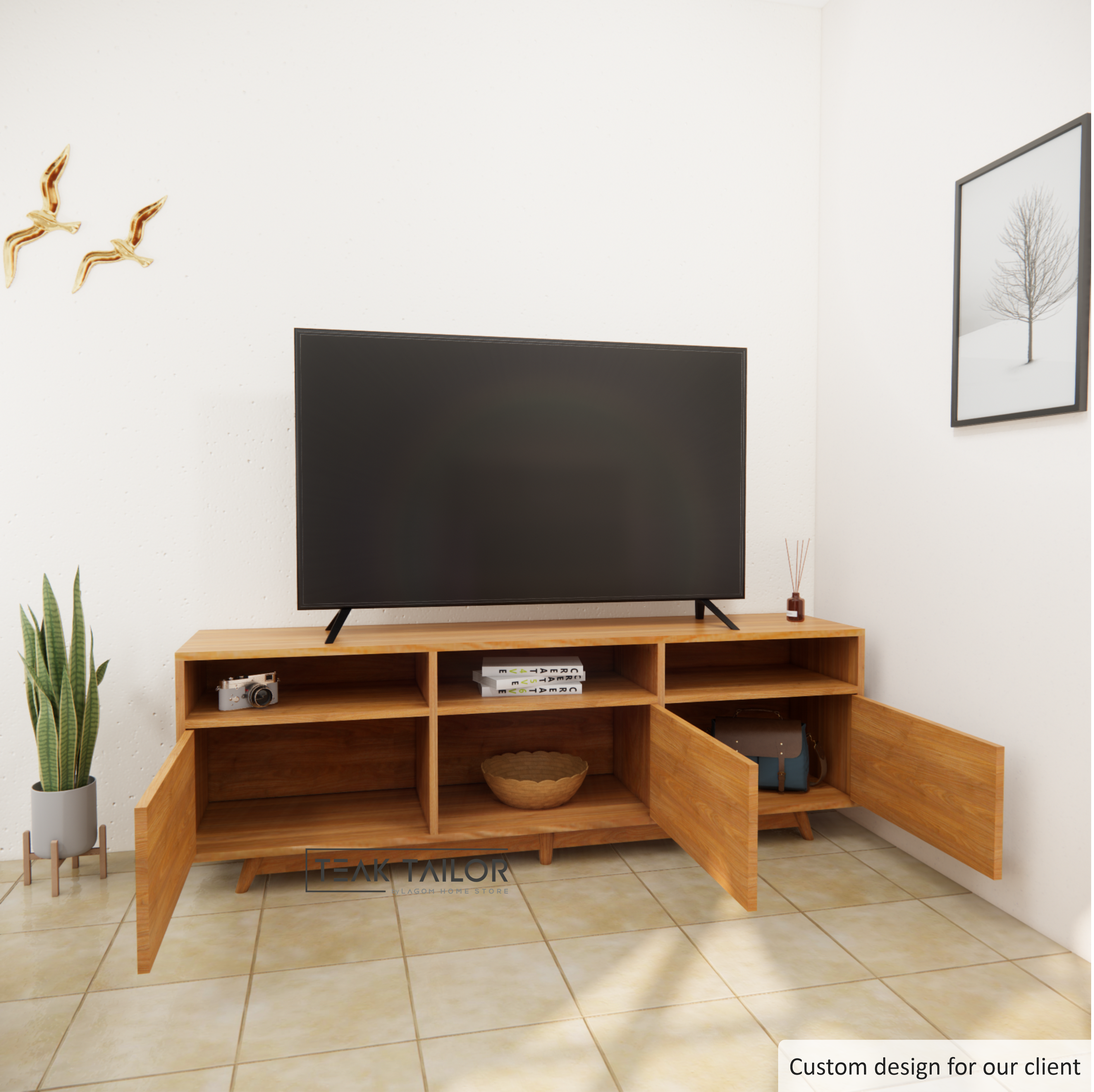 Solid Teak Wood TV Cabinet with Push-to-Open Doors