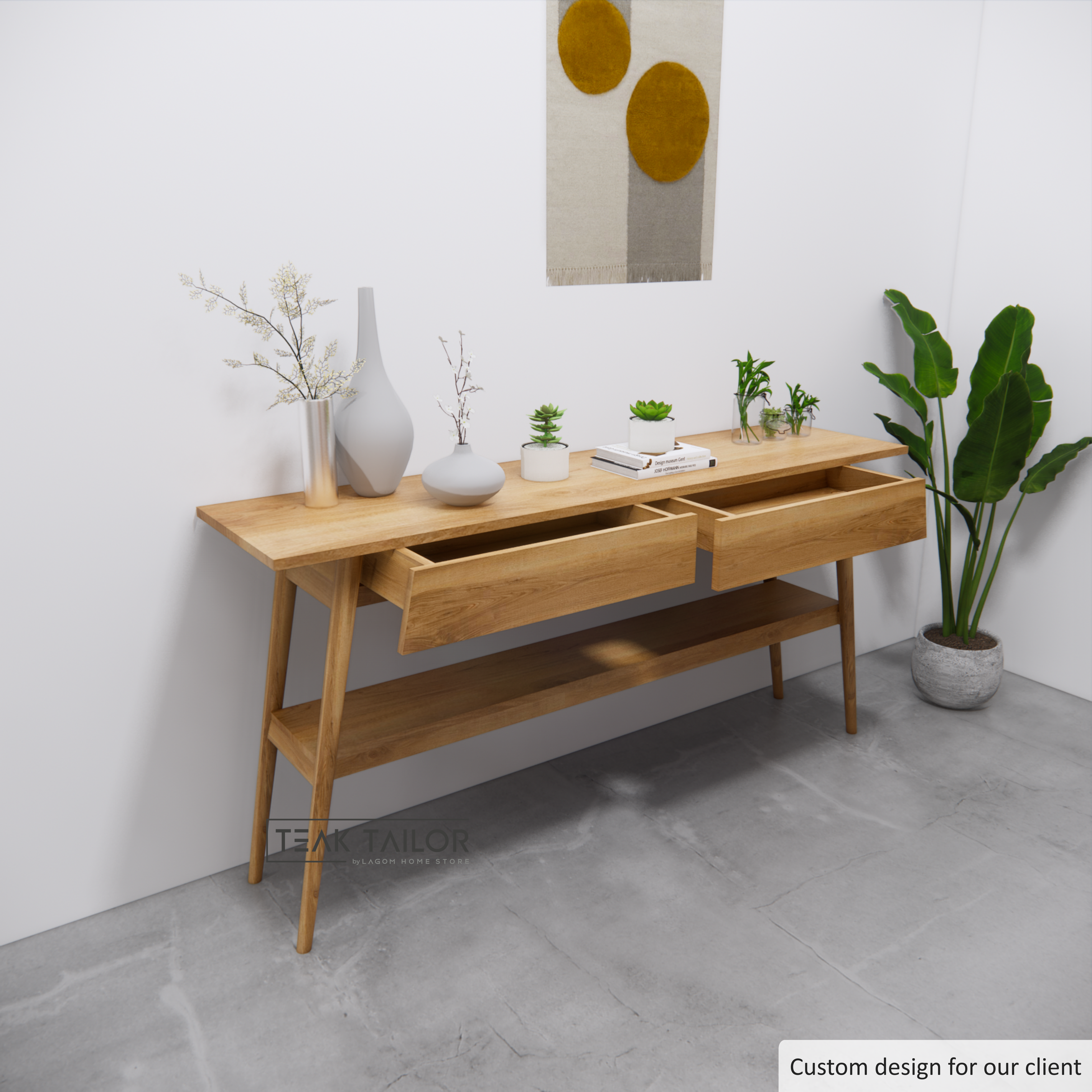 170 cm Solid Teak Console Table with Drawers and Shelf