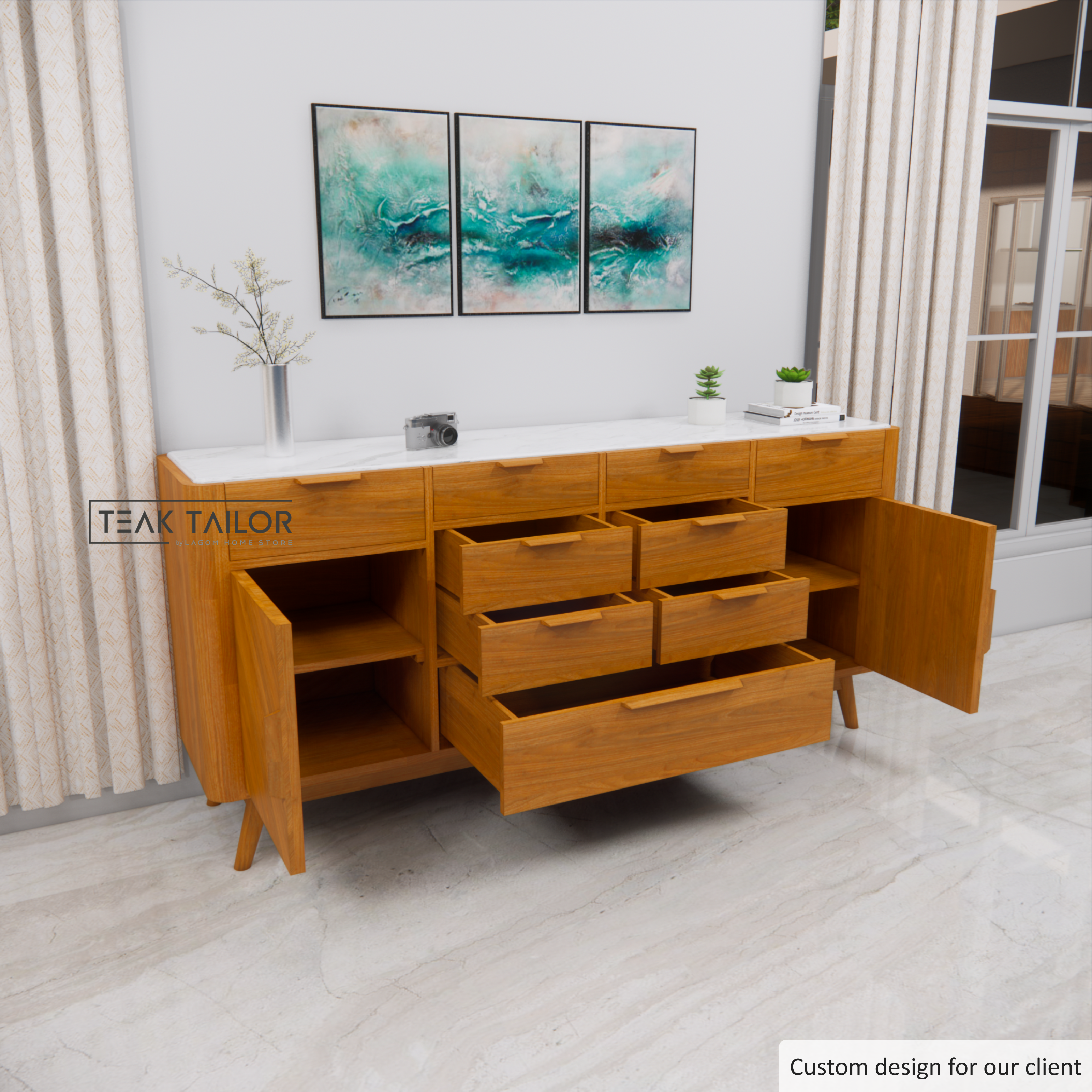 200 cm Solid Teak & Marble Buffet